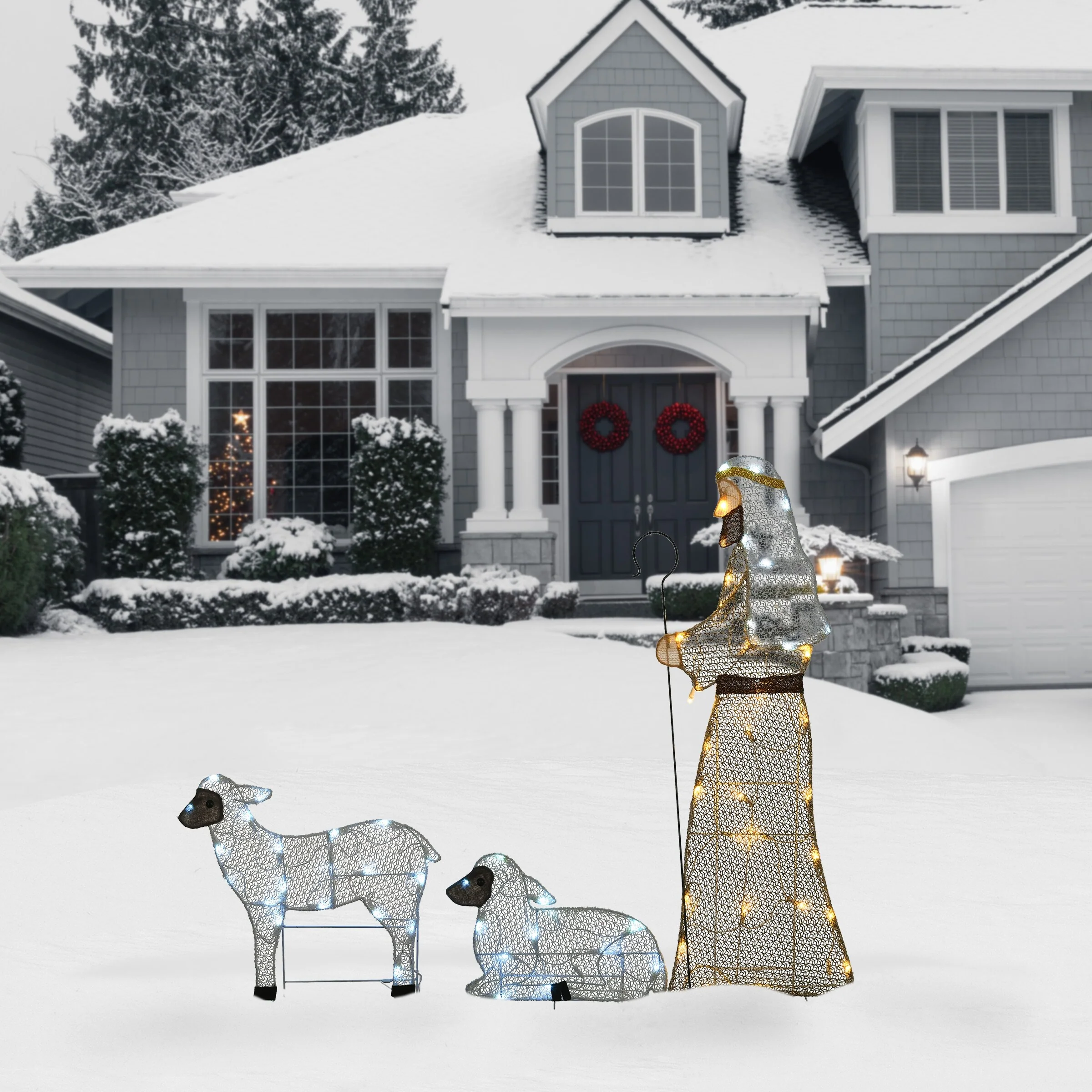 National Tree Company LED Shepherd with Sheep Decoration - Champagne - 41 in