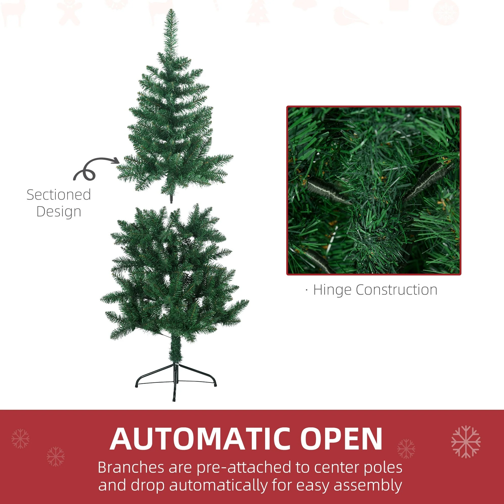 Space-Saving 5ft/7ft Half Christmas Tree, Unlit Artificial Tree with Steel Base and Wall-Fit Design
