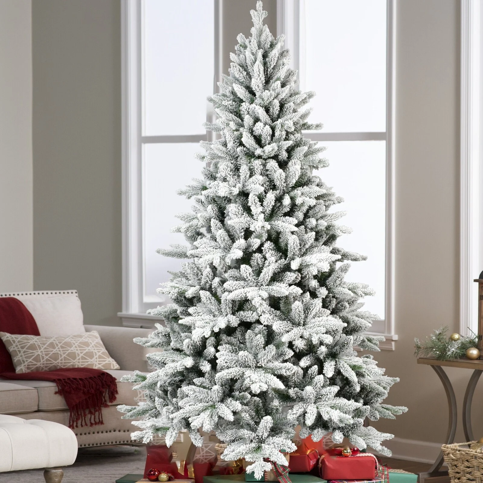 PE & PVC Flocked Christmas Tree, 5FT/6FT/7FT, Lifelike Tips, Easy Unfold Structure, Stable Base, Perfect Winter Decor