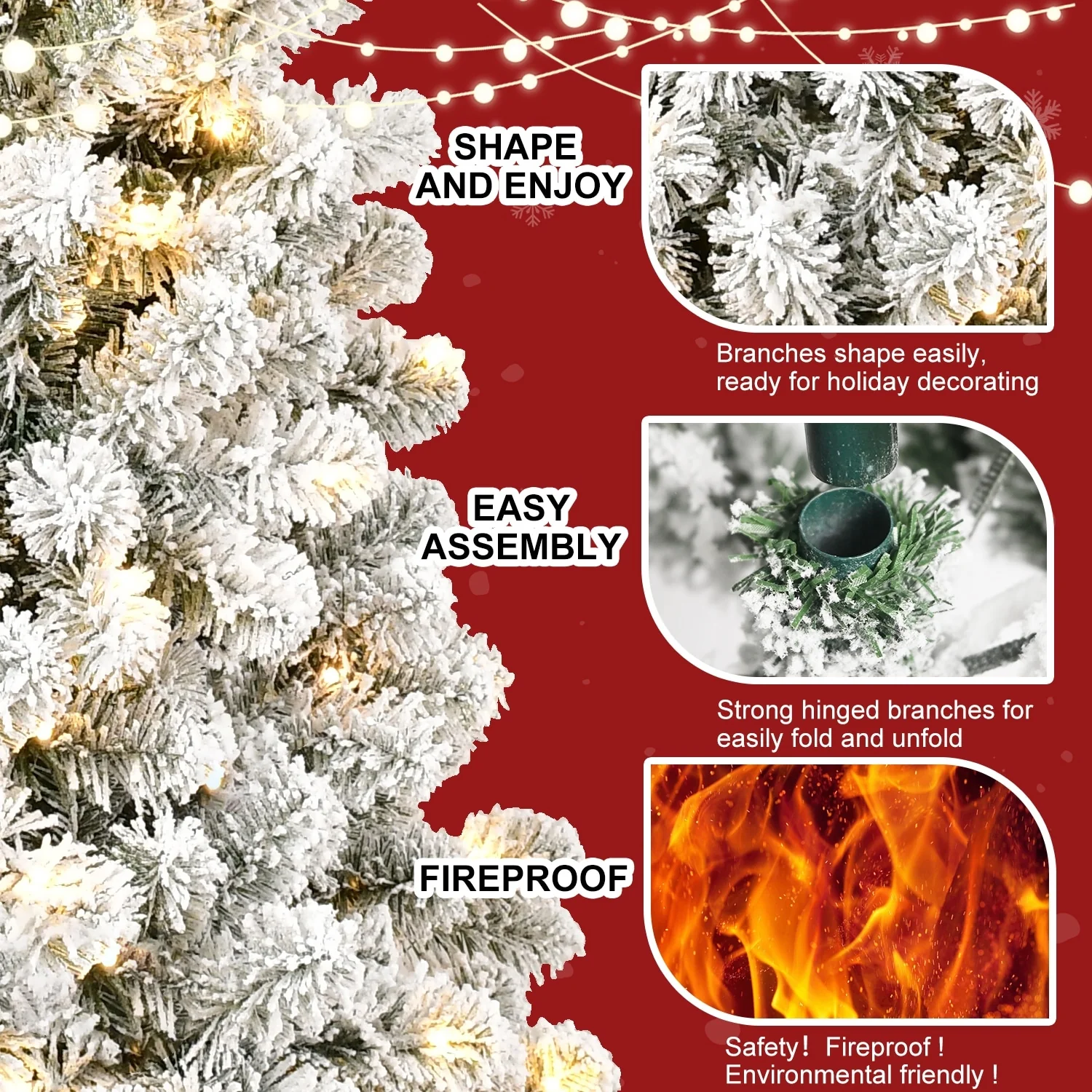 Snow-Flocked Pre-Lit Christmas Tree with Memory Wire Tips and 300-400 Warm Lights, Easy Setup for Indoor Holiday Display