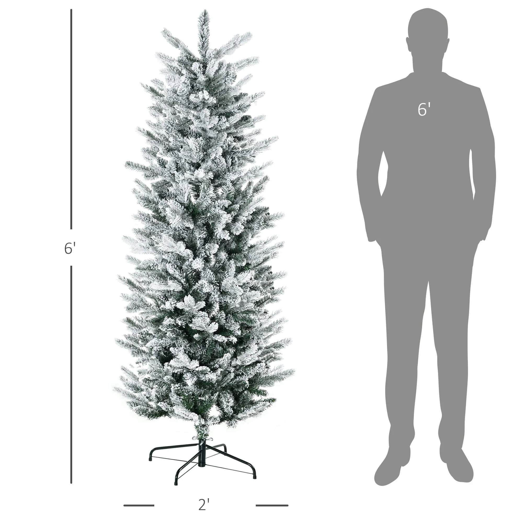 Unlit 6ft Snow-Flocked Pencil Artificial Christmas Tree with Auto-Open Design, Ideal Holiday Decoration