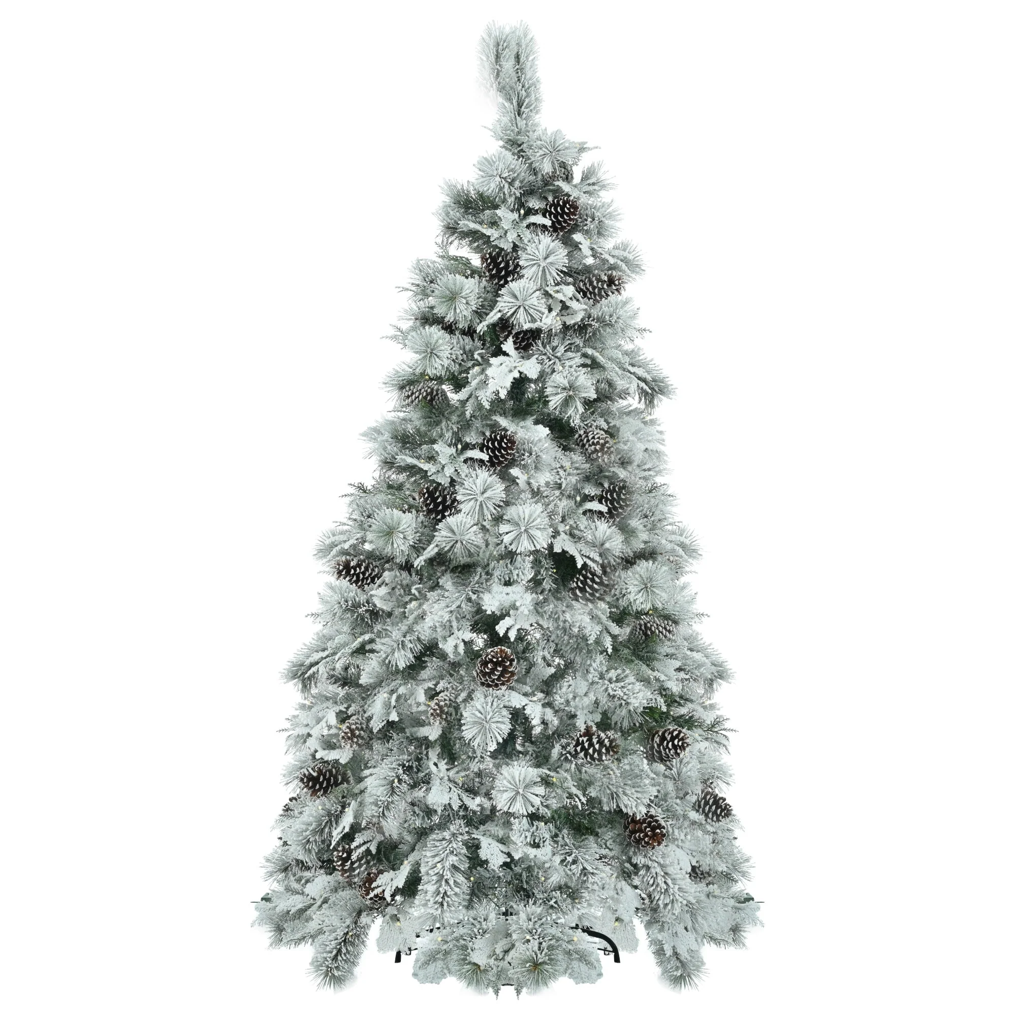 Artificial Snow Flocked Spruce Christmas Tree with 120/250/450 LED Lights, Pine Cones, and 11 Flashing Modes, 4FT/6FT/7.5FT