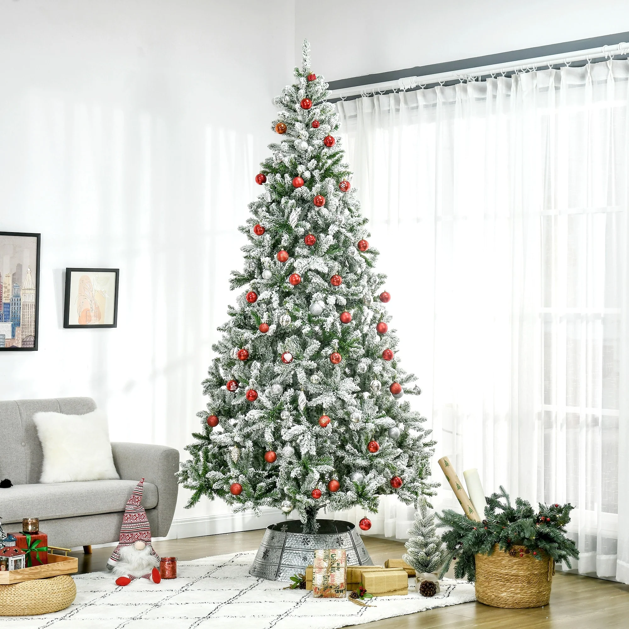 Snow Flocked 7.5ft/9ft Unlit Artificial Pine Christmas Tree with Lifelike Branches, Perfect for Holiday Ambiance