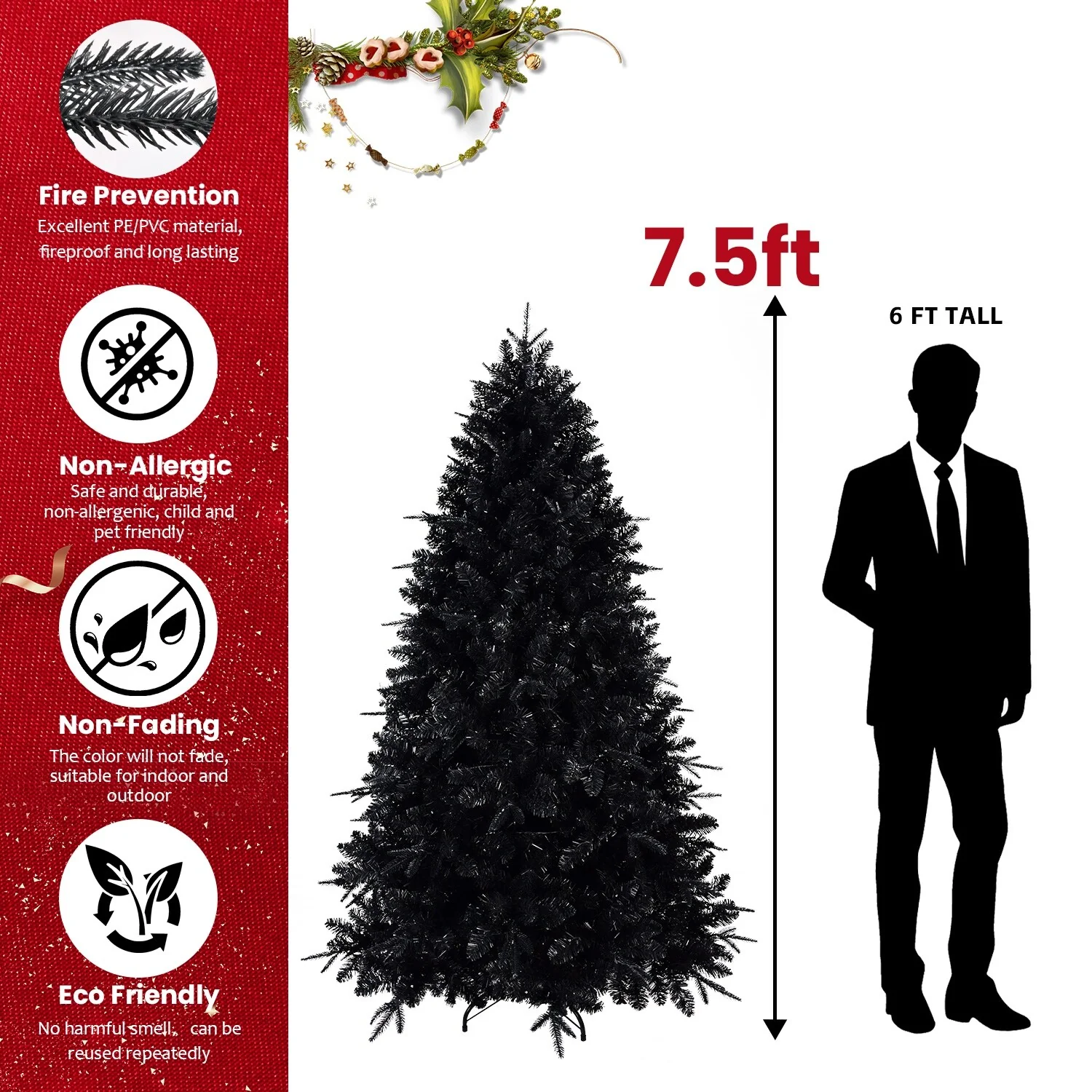 7.5ft Black Christmas Tree with 500 Pre-Strung Incandescent Lights, Full Shape with 2156 Tips, Metal Hinges, and Sturdy Base