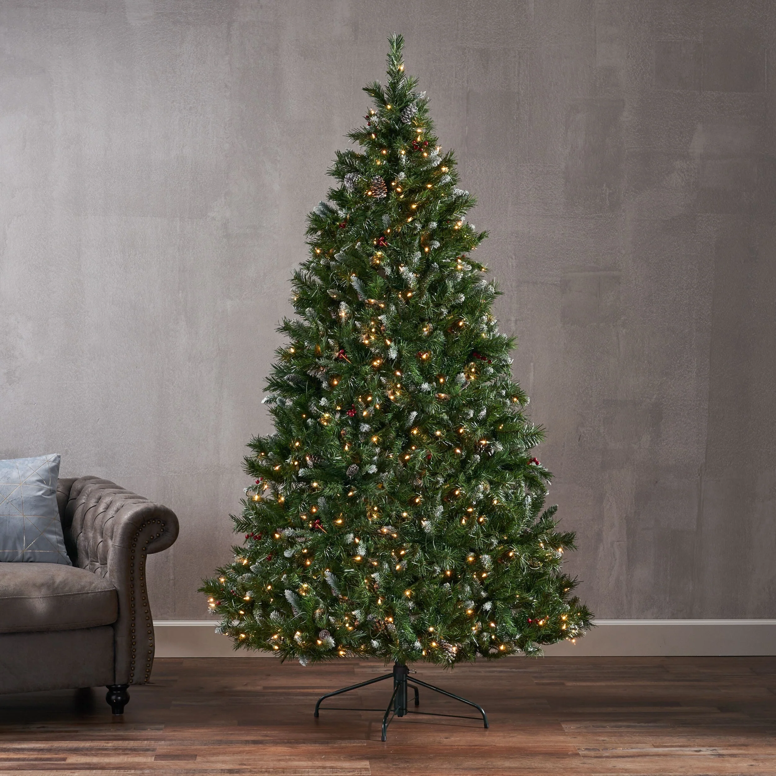 7' Pre-Lit Frosted Christmas Tree with Pine Cones, Red Berries, and 450 Lights