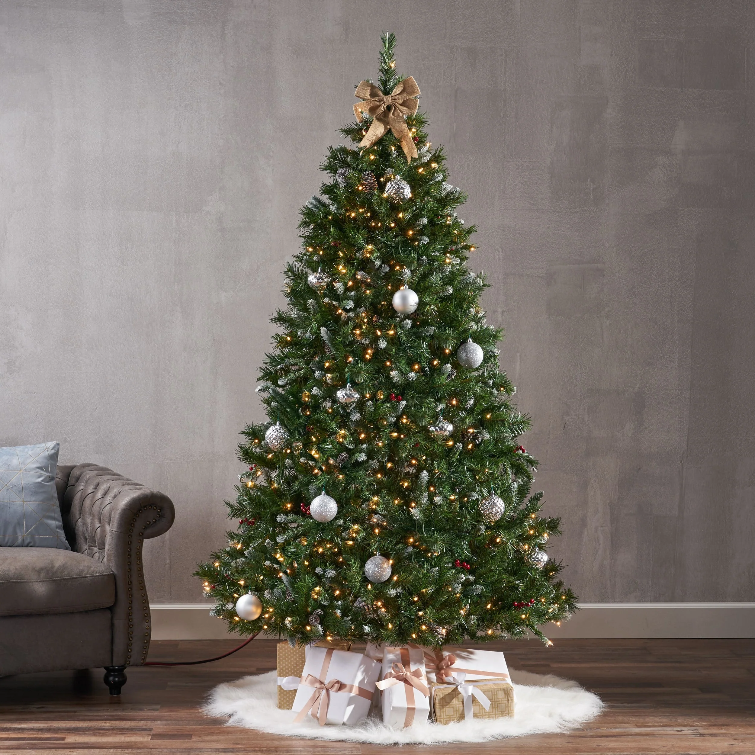 7' Pre-Lit Frosted Christmas Tree with Pine Cones, Red Berries, and 450 Lights