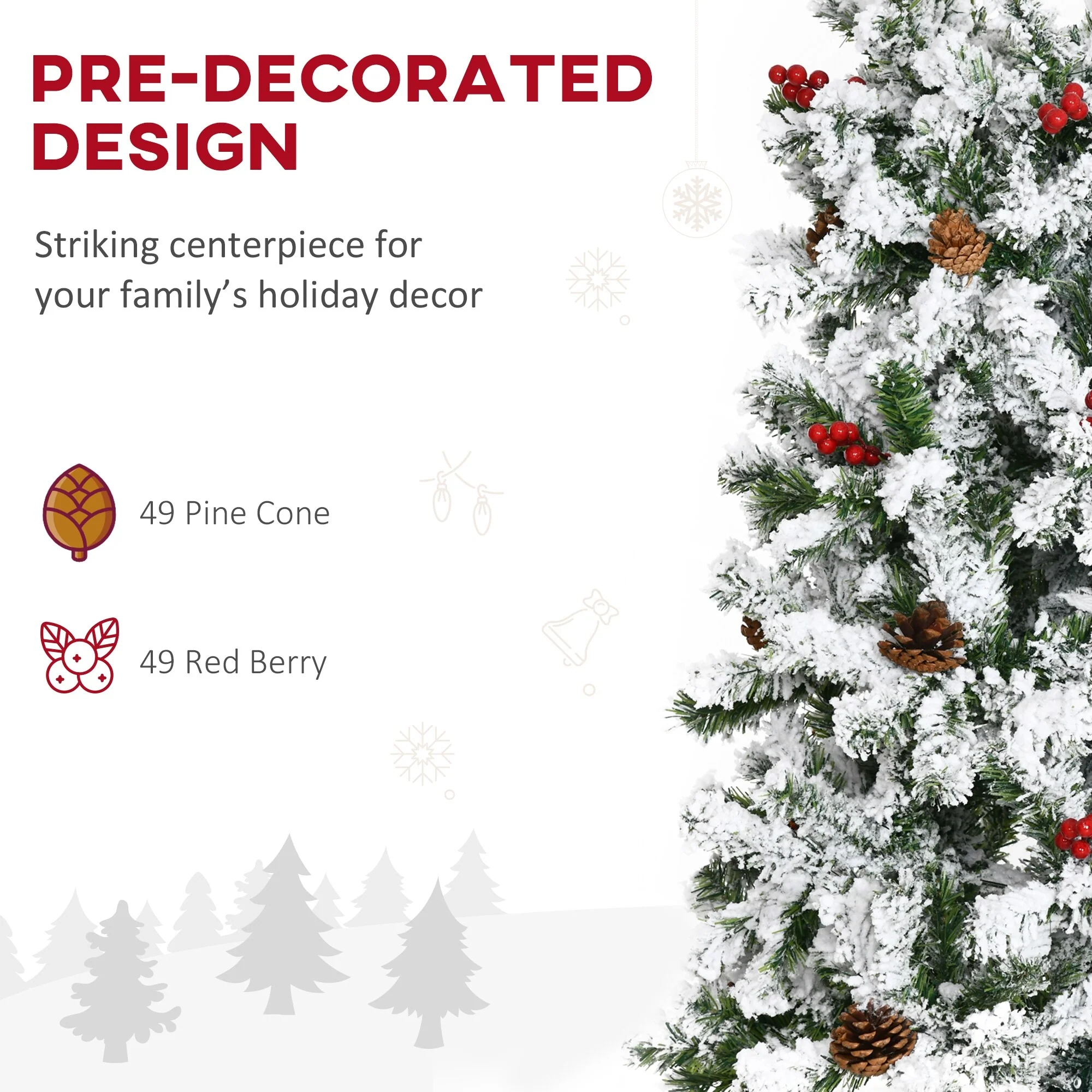 9' Pencil Snow Flocked Artificial Christmas Tree with Pine Realistic Branches, Pine Cones, Red Berries