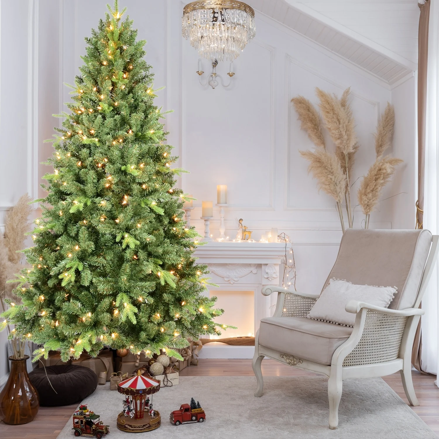 9FT Premium Artificial Christmas Tree, Prelit Hinged Spruce with 3,509 Tips, Metal Stand, and Easy Assembly