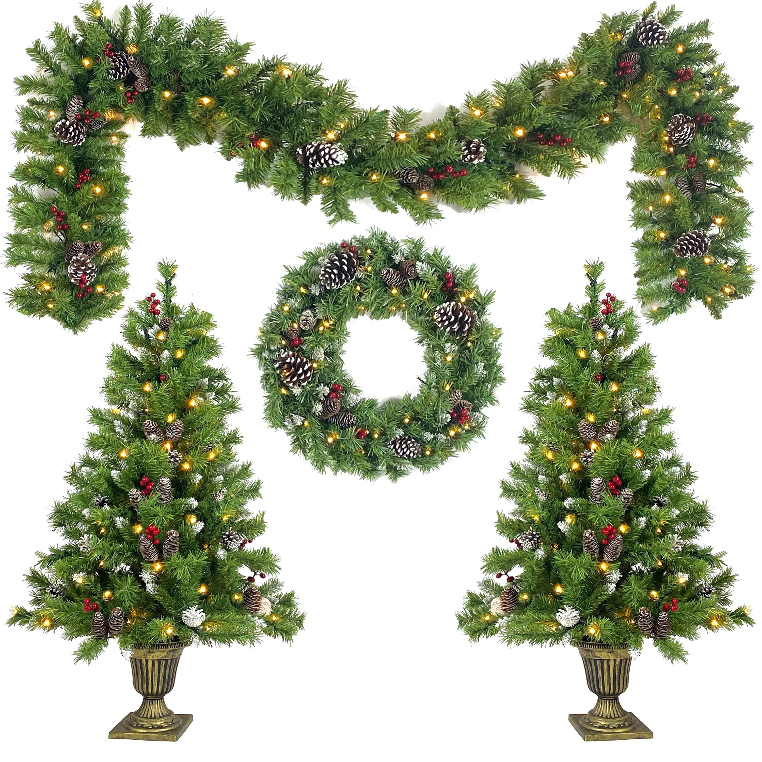Pre-Lit 4-Piece Holiday Christmas Set - Entrance Trees, Garland, and Wreath with 340 Warm LEDs