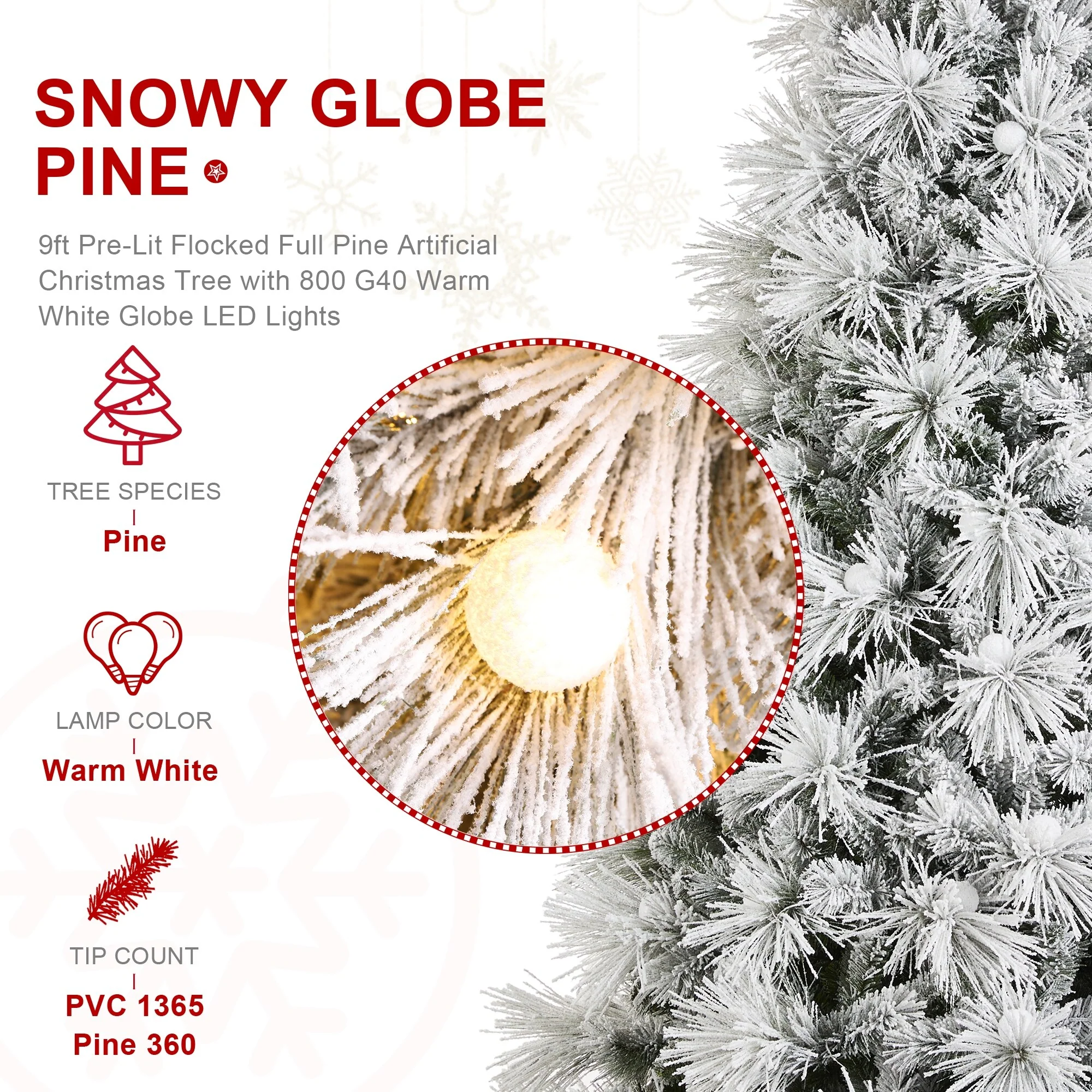 Glitzhome 7.5FT/9FT Pre-Lit Flocked Full Snowy Globe Pine Artificial Christmas Tree with Foot Switch