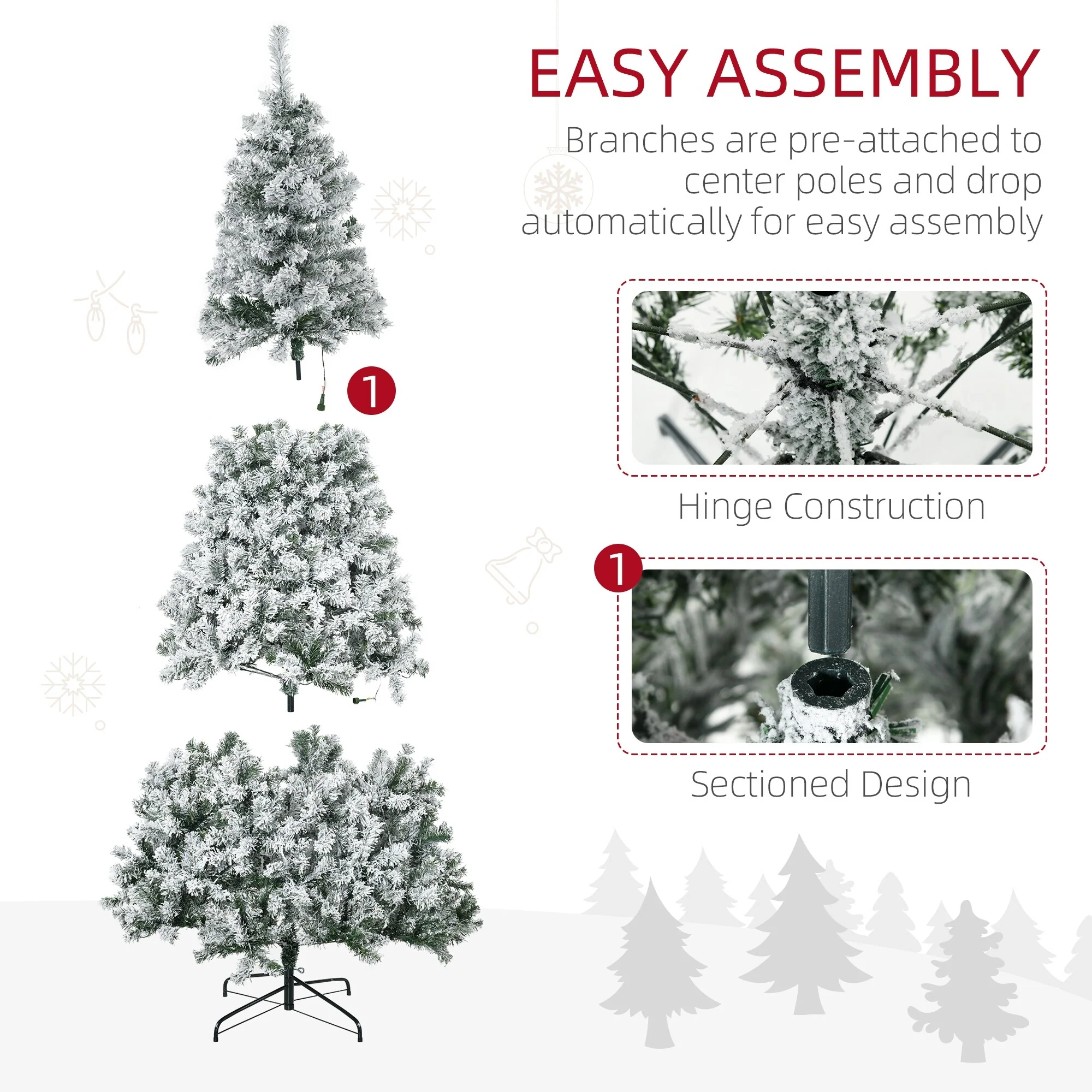 7.5ft Tall Prelit Snow-Flocked Christmas Tree with Auto Open, 500 LED Lights, & Realistic Branches