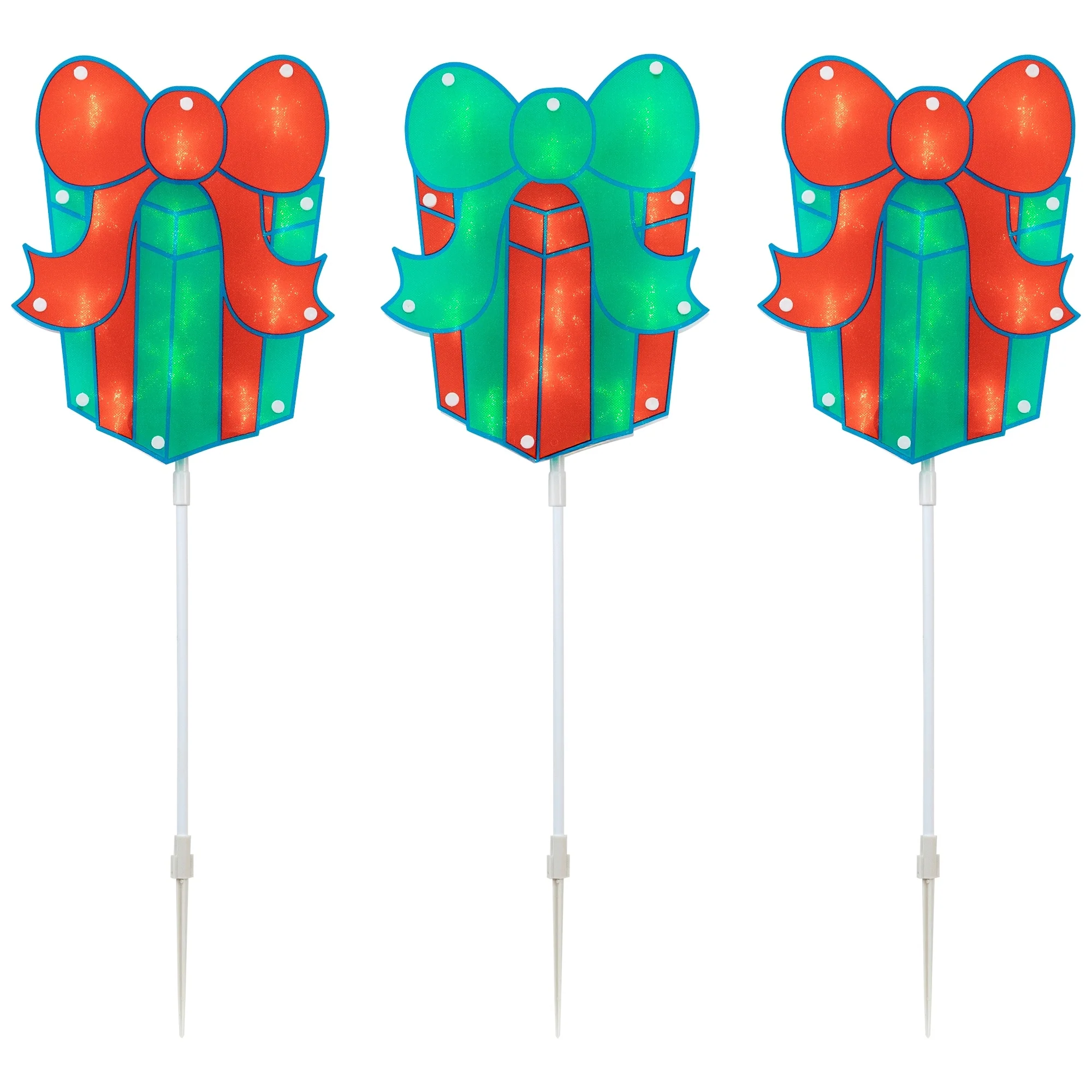 Lighted Holographic Gift Box Christmas Pathway Markers - Clear Lights - 4.75' White Wire - 3ct - Red