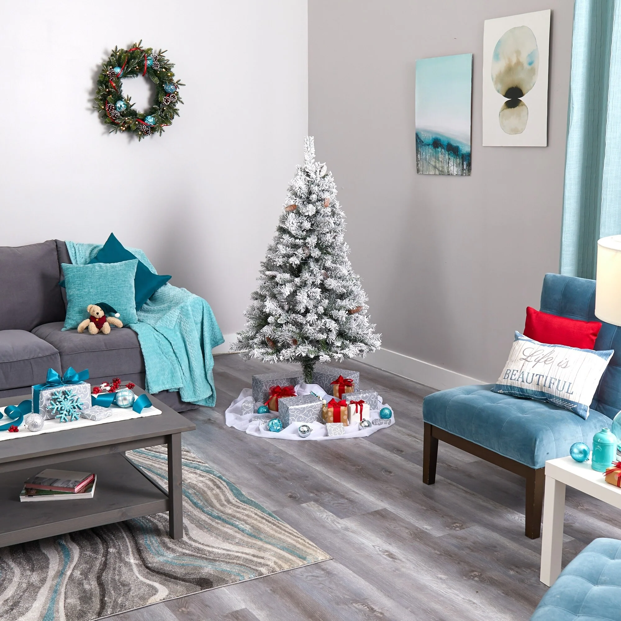 5' Pre-Lit Flocked Artificial Christmas Pine Tree, Clear LED Lights - 5 Foot