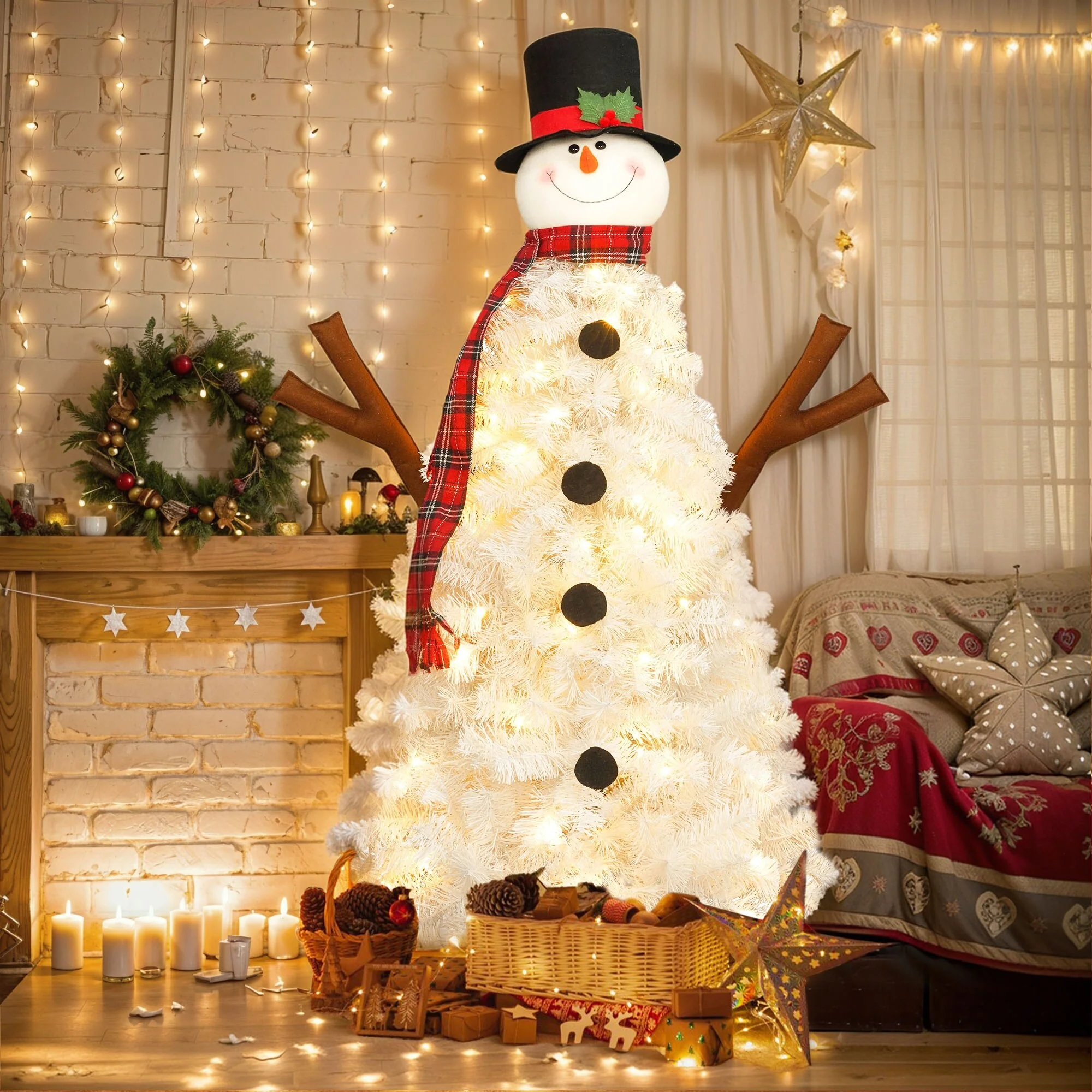 Pre-lit Snowman Christmas Tree, 4ft Artificial Holiday Tree with 100 Warm White LED Lights and 380 Branch Tips for Home