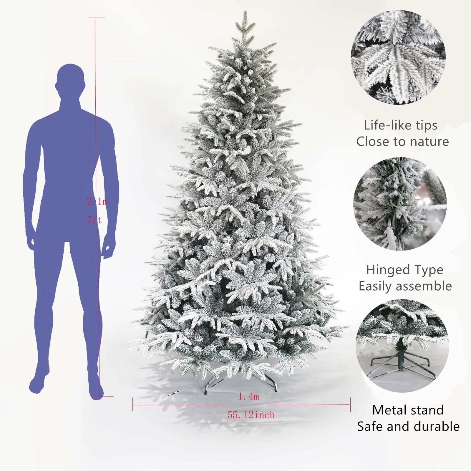 7ft Snow Flocked Artificial Christmas Tree, Realistic PVC & PE Tips, Unlit with Foldable Metal Stand for Easy Assembly
