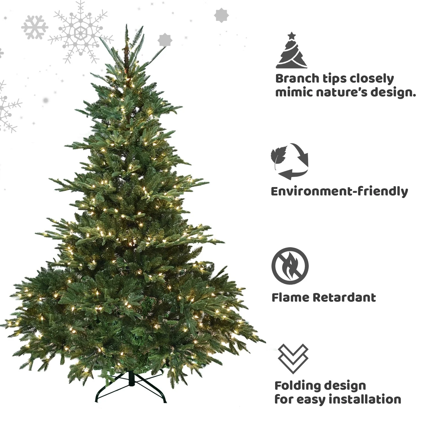 Artificial Douglas Fir Christmas Tree with Flame-Retardant PE/PVC Needles, Hinged Branches, Foldable Base