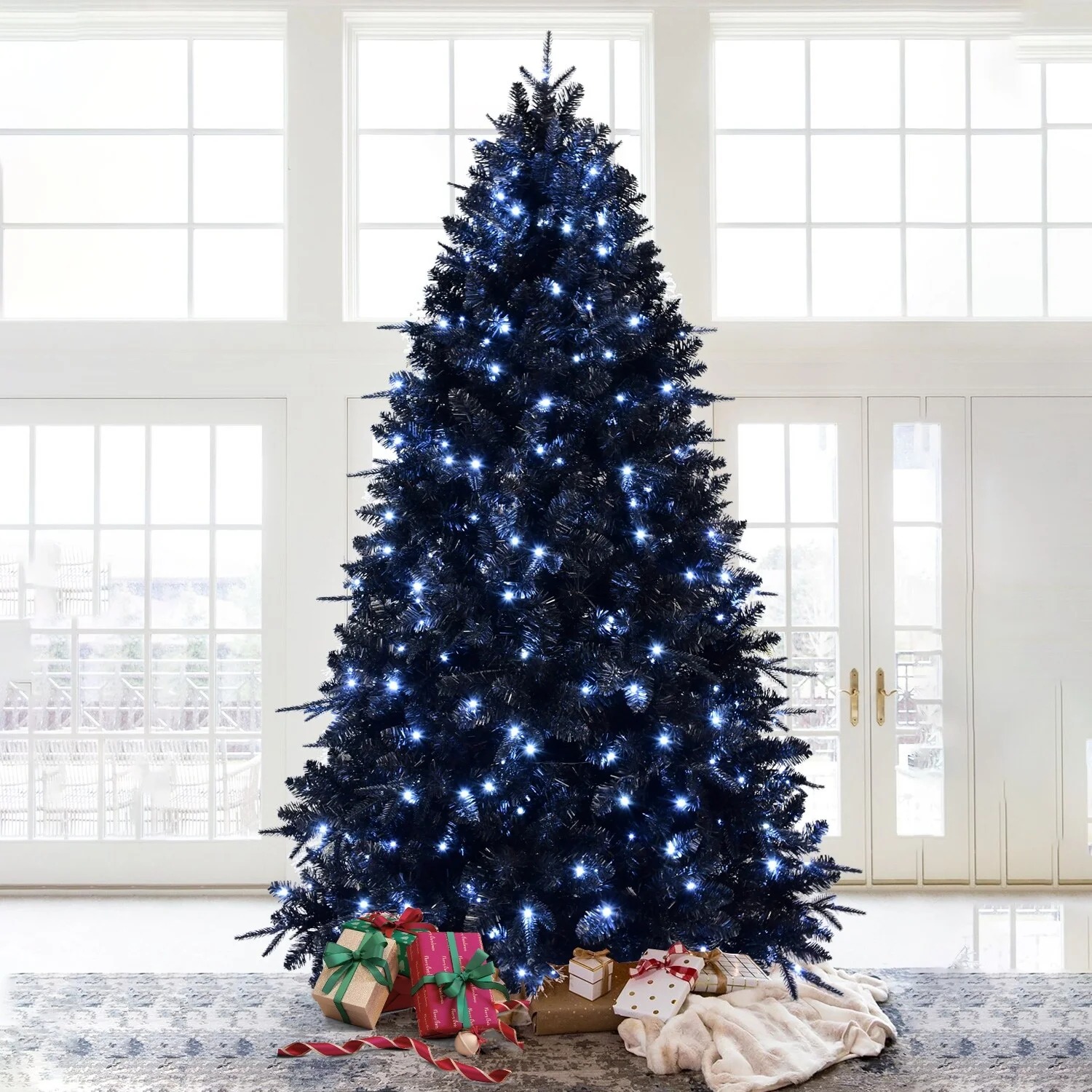 Black 8FT Pre-Lit Christmas Tree, Full Artificial Tree with 2486 Tips, 600 Lights, Metal Hinges for a Unique Holiday Display
