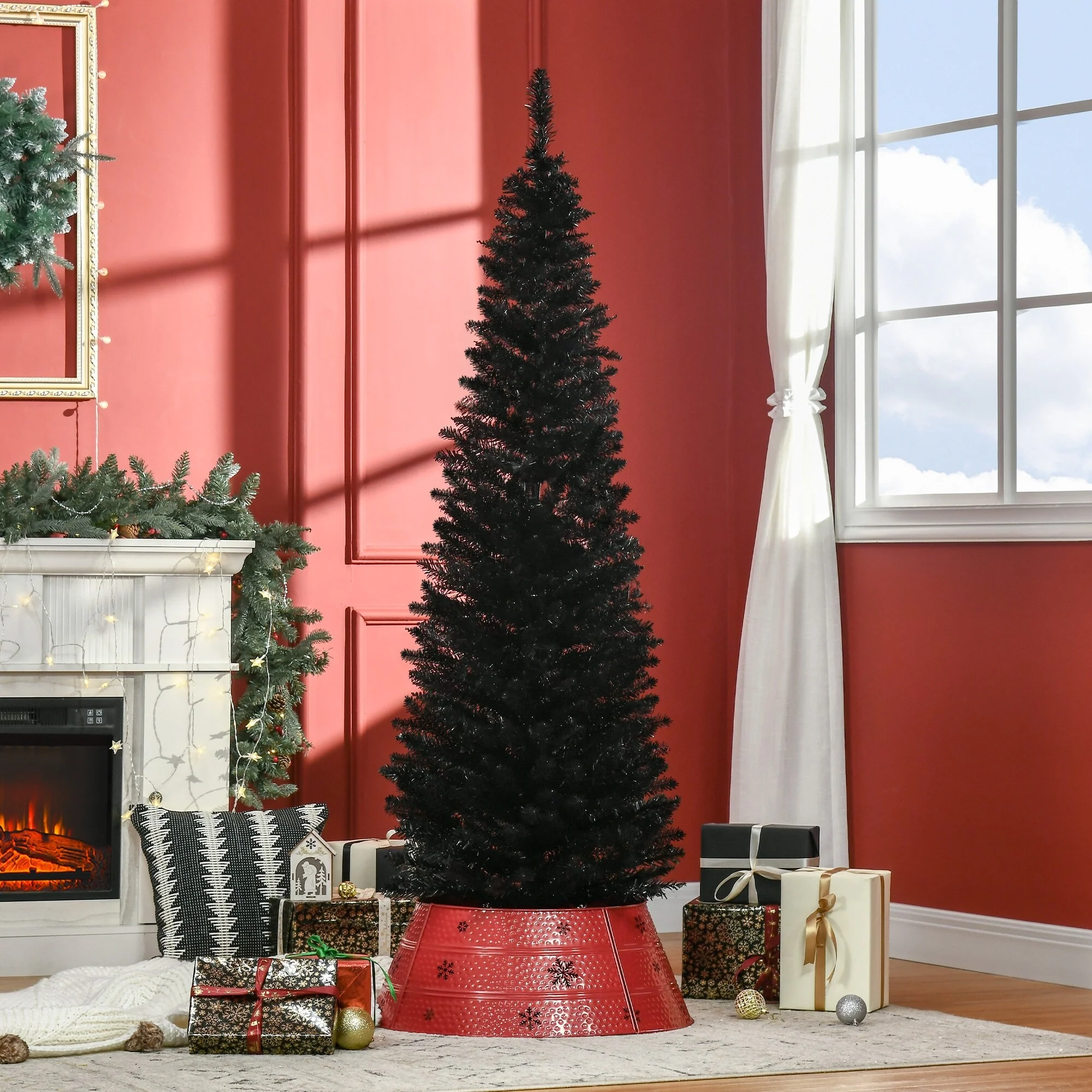 5ft/6ft/7ft Artificial Pencil Christmas Tree, Space-Saving Design with Flame-Retardant Safety
