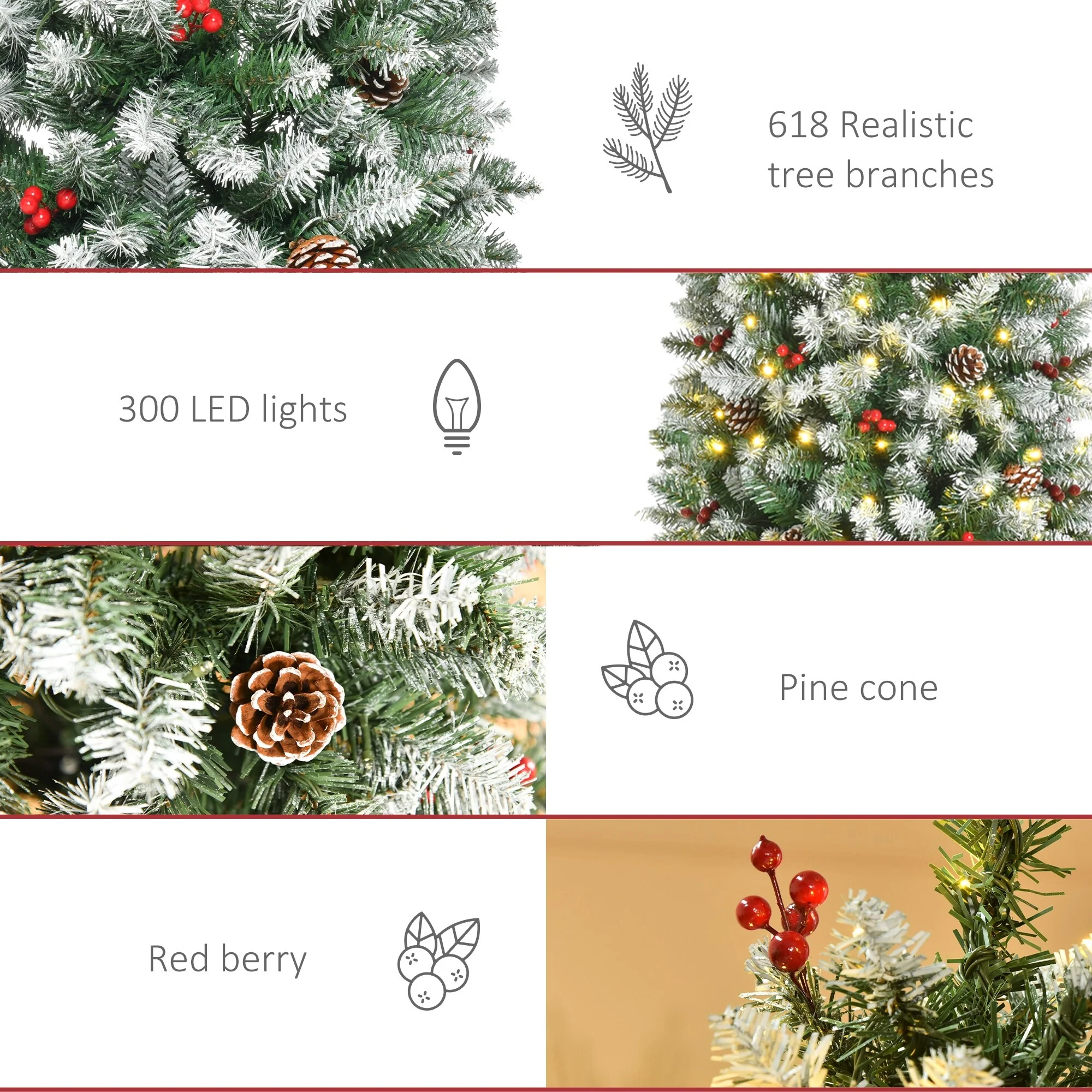 Realistic Snow-Flocked Artificial Christmas Tree,Pre-Lit with LED Lights,Pine Cones & Red Berries,Available in 6ft, 7.5ft & 9ft