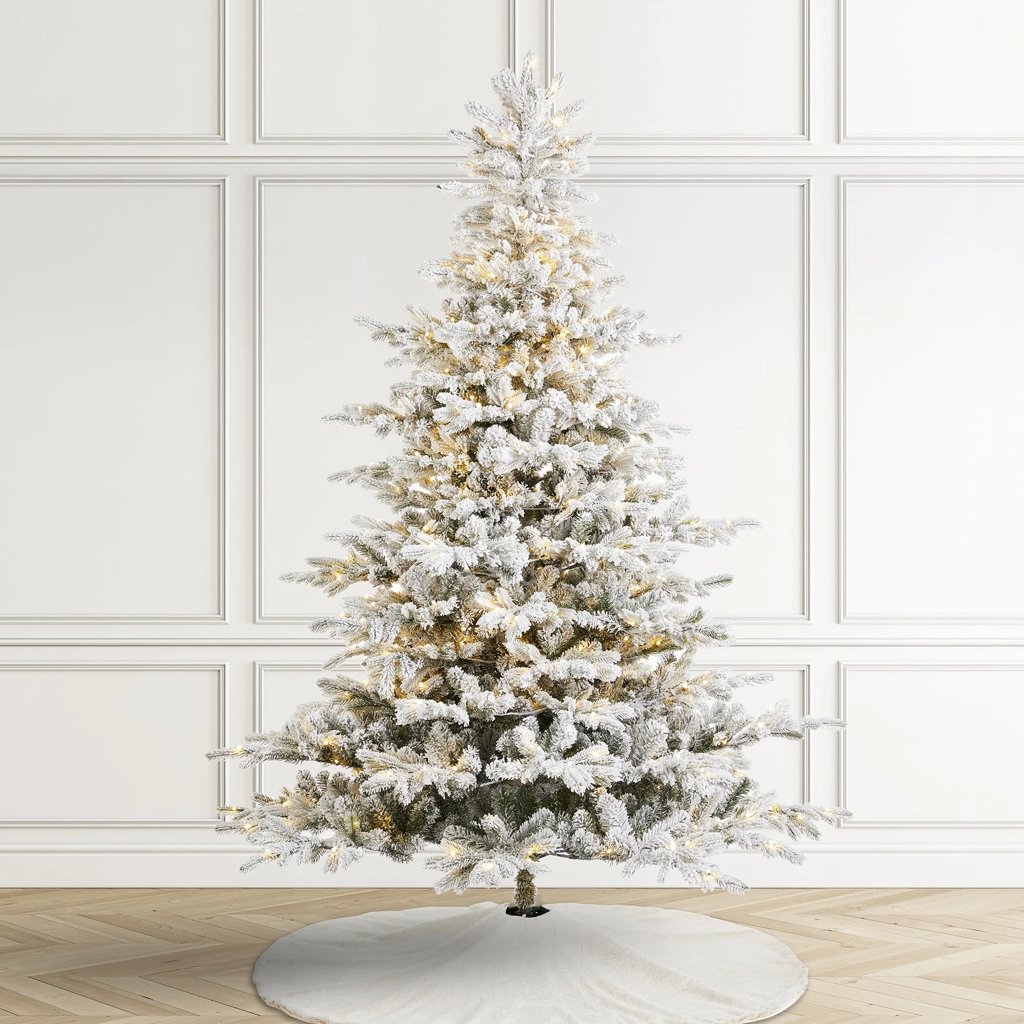 Glitzhome 7.5ft/9ft Pre-Lit Flocked Full Fir Artificial Christmas Trees with Foot Pedal