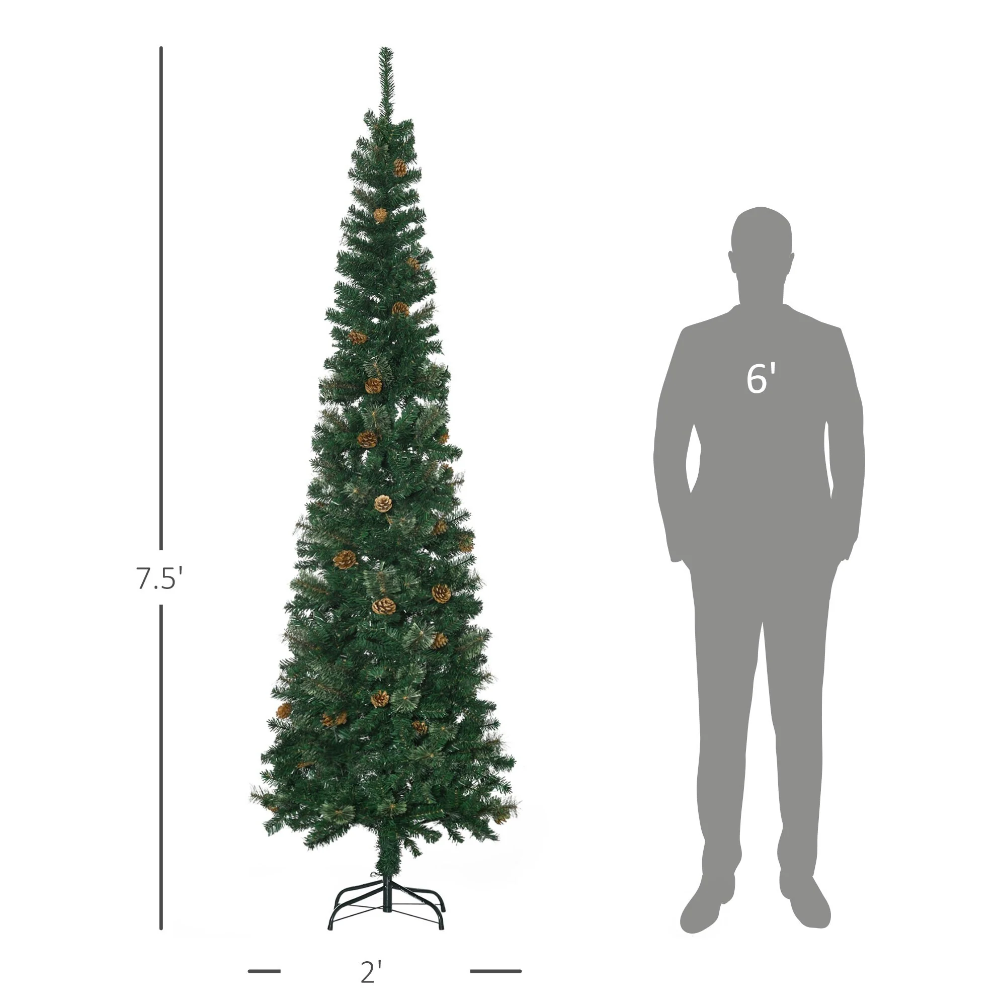 Slim 7.5' Unlit Pencil Christmas Tree with Realistic Pine Branches and Pine Cones, Easy Assembly for Small Spaces