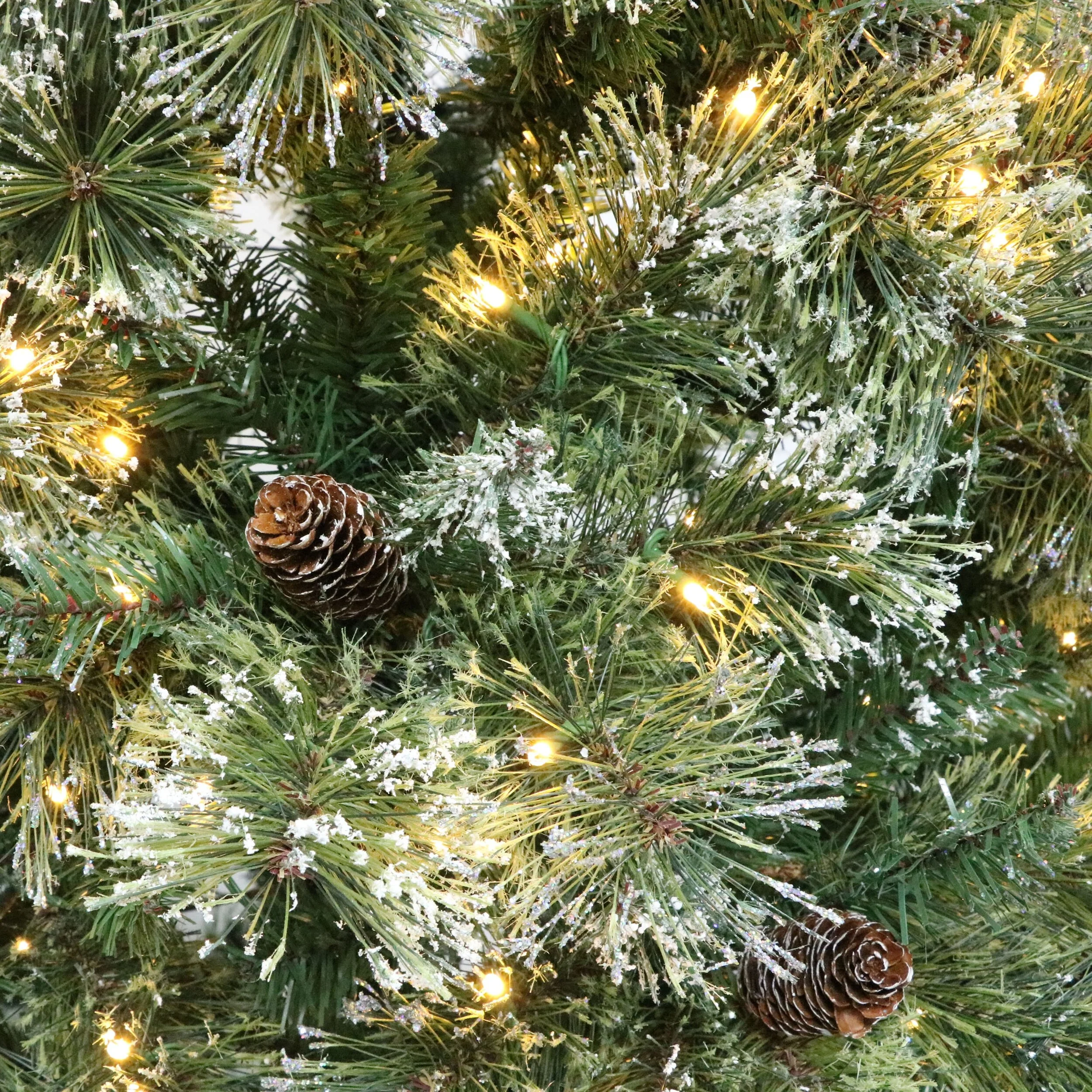 7.5' Bristle Mixed Hinged Christmas Tree with Snow, Pine Cones, and 750 LED Lights