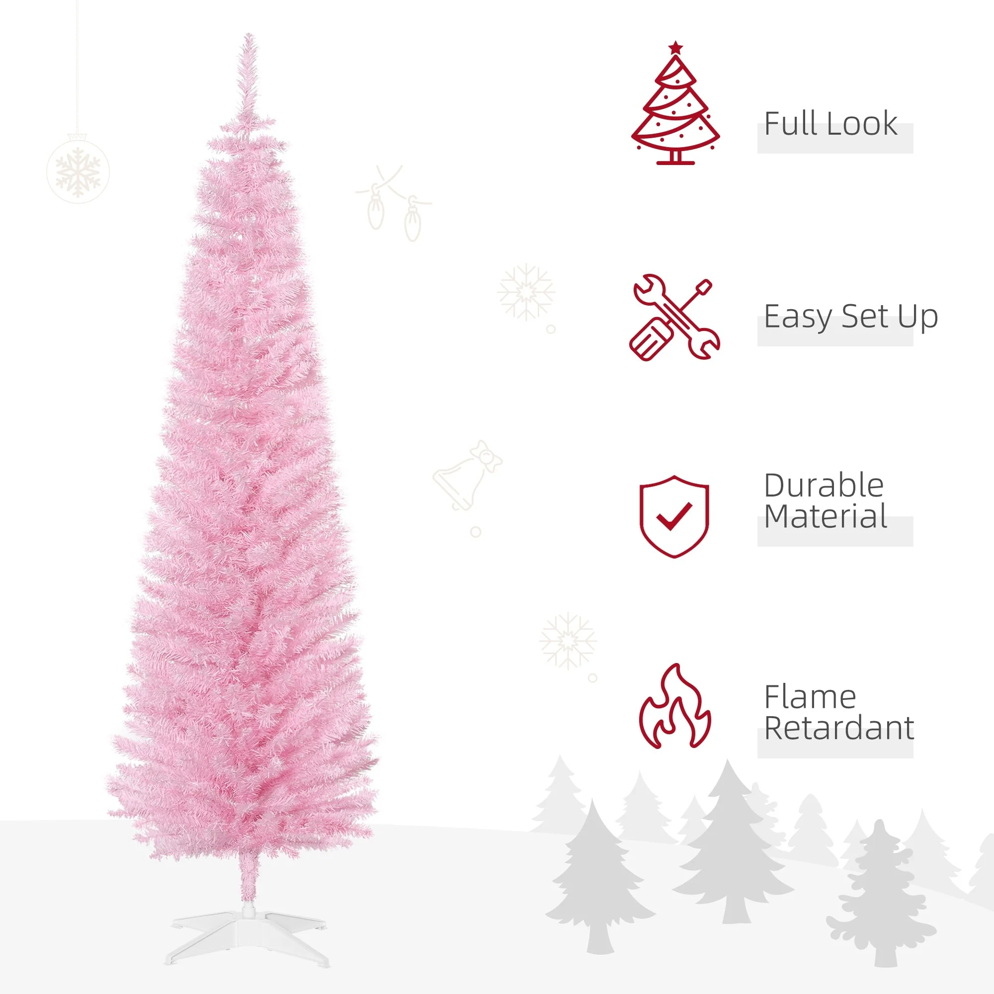 Snow-Flocked 6ft/5ft/7ft Pencil Christmas Tree, Slim Unlit Artificial Tree with Realistic Branches and Plastic Stand