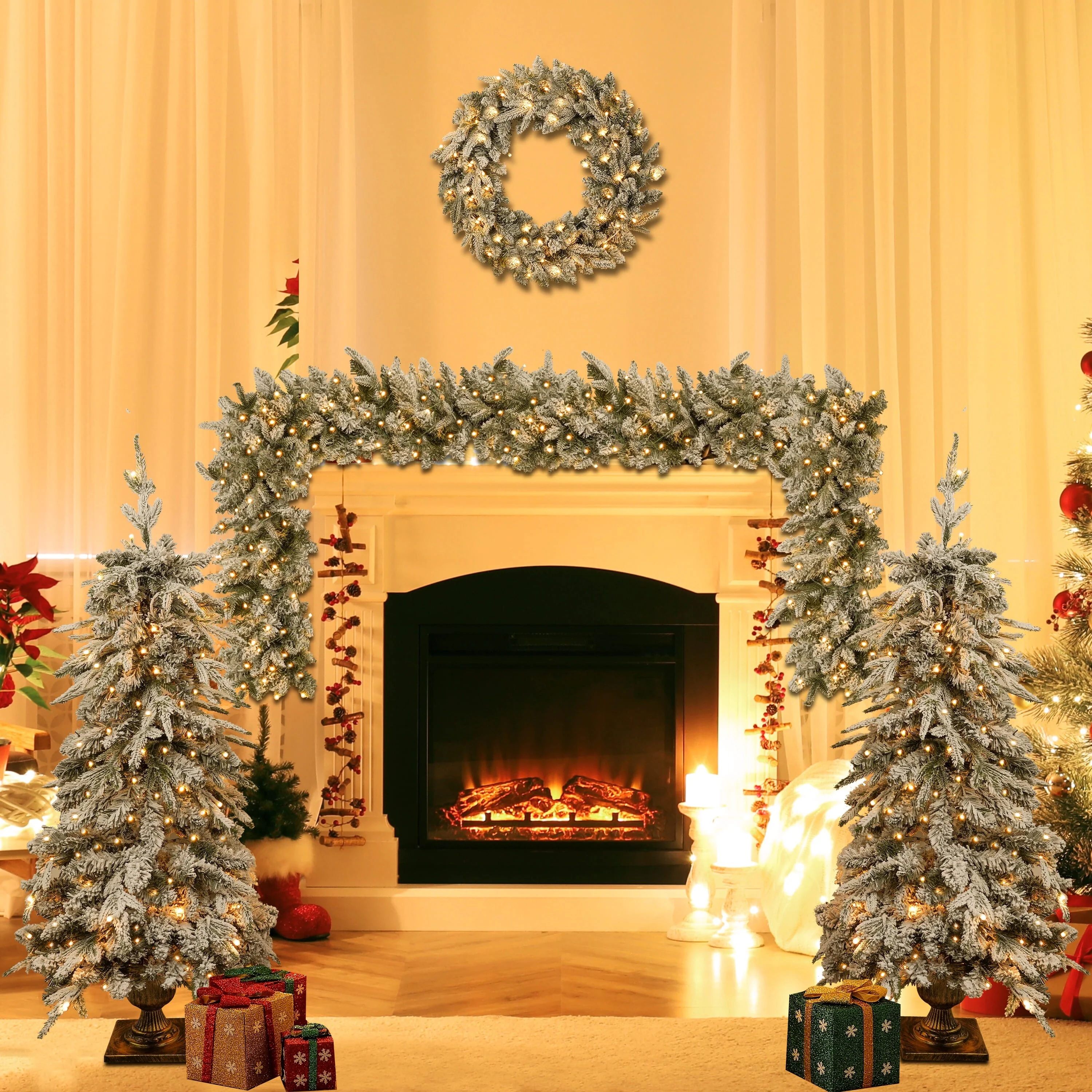 4-Piece Pre-lit Artificial Christmas Tree Set with Warm White LED Lights, Wreath, Garland & 2 Entrance Trees for Festive