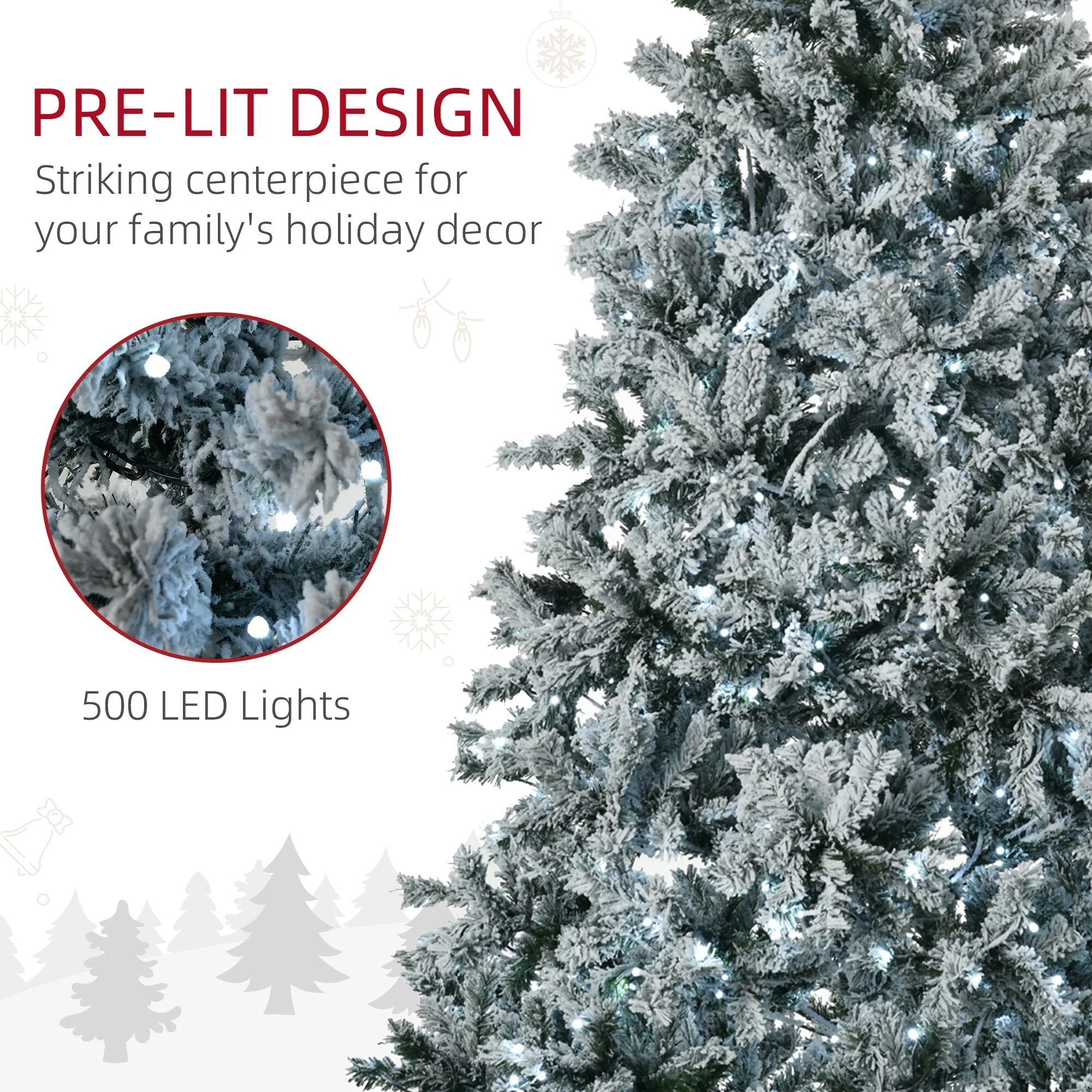 Prelit 7.5' Snow Flocked Artificial Christmas Tree with Cold White LED Lights and Flame-Retardant Design