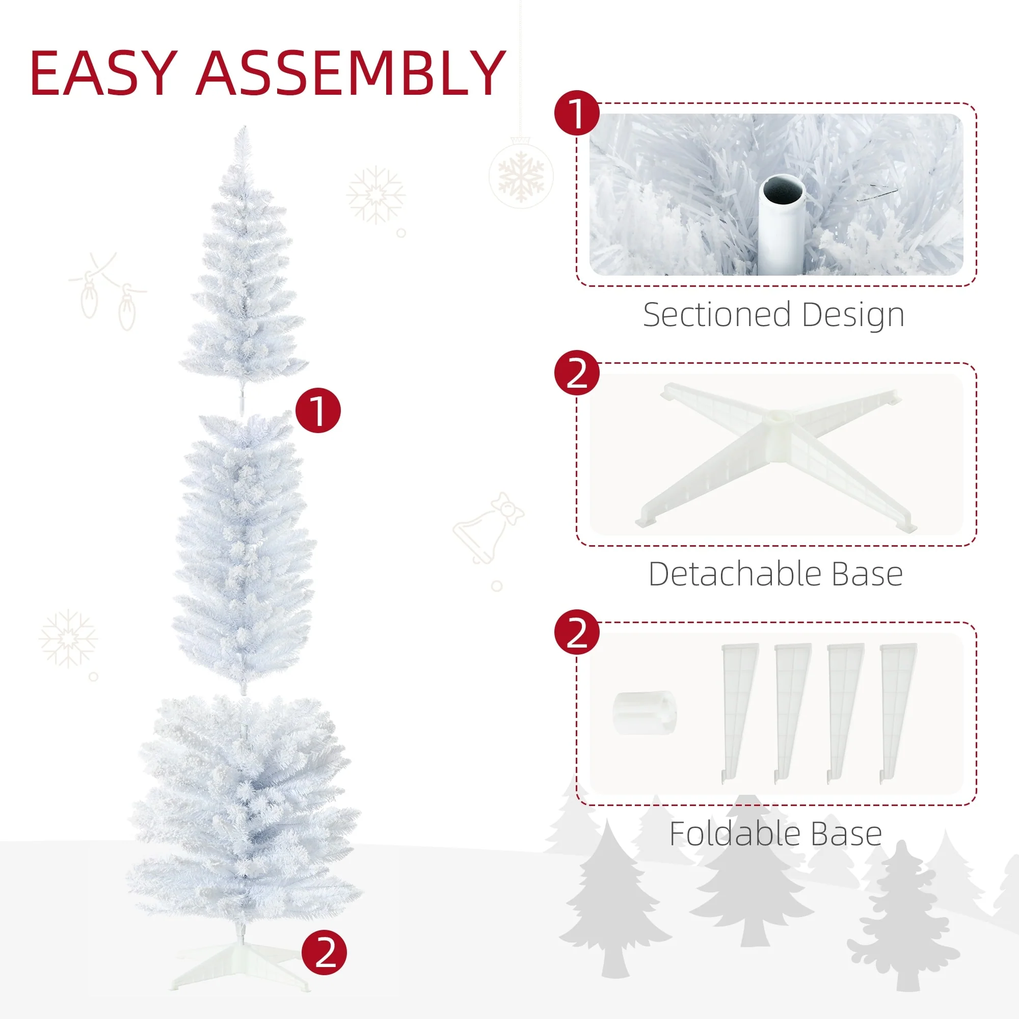 7FT Slim Snow Flocked Pencil Christmas Tree, Unlit Artificial Holiday Tree with Dense, Realistic Branch Tips