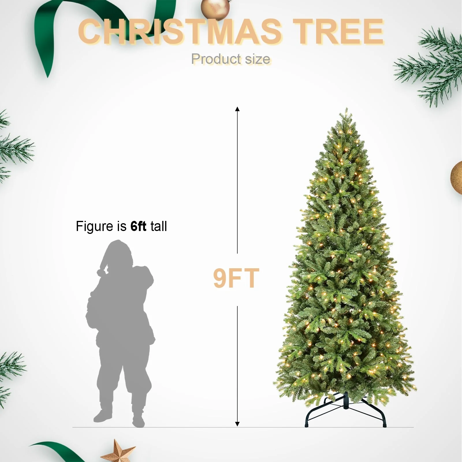 8FT/9FT Slim Pre-Lit Fir Artificial Christmas Tree, 'Feel Real' Needles, White Lights, Metal Hinged Branches & Base
