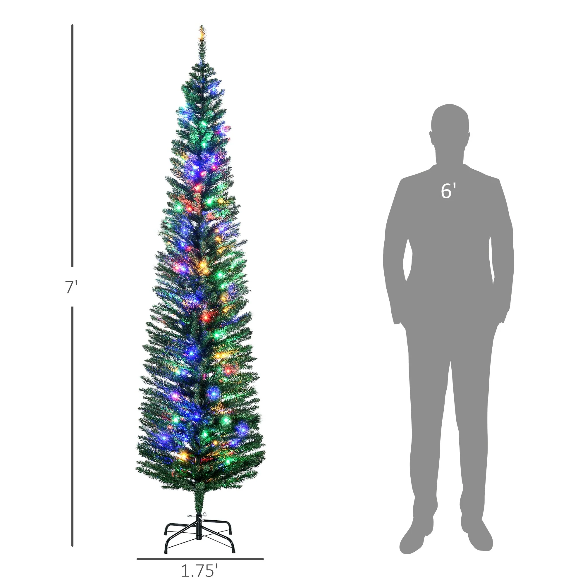 7ft Prelit Pencil Christmas Tree with 180 LED Lights, Slim Profile and Realistic Look
