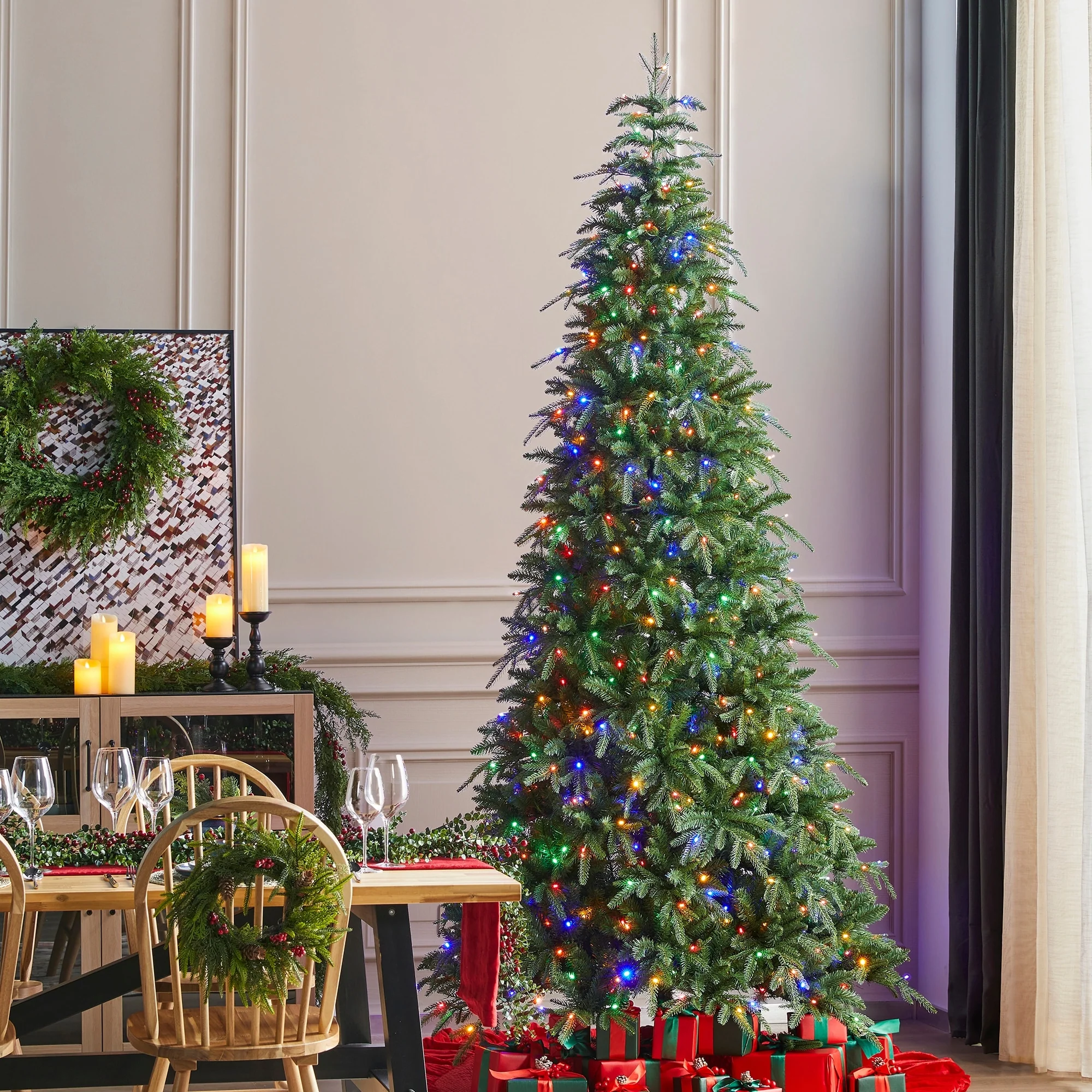 Glitzhome 7.5FT/9FT/11FT/15FT Pre-Lit Green Slim Fir Artificial Christmas Tree with Remote Control