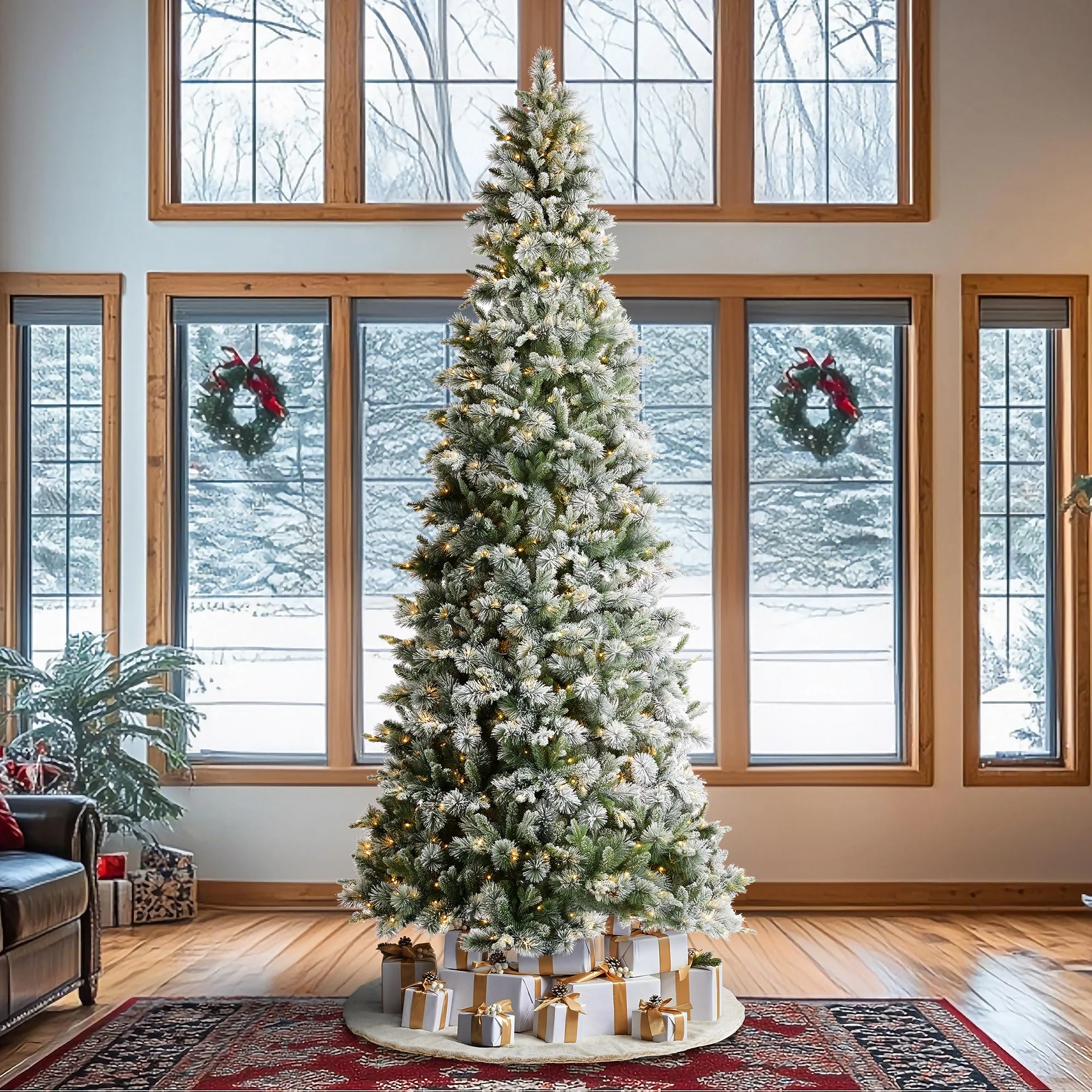Glitzhome 7.5ft/9ft/11ft Pre-Lit Flocked Slim Pine Artificial Christmas Tree w/ Foot Pedal & Remote Control