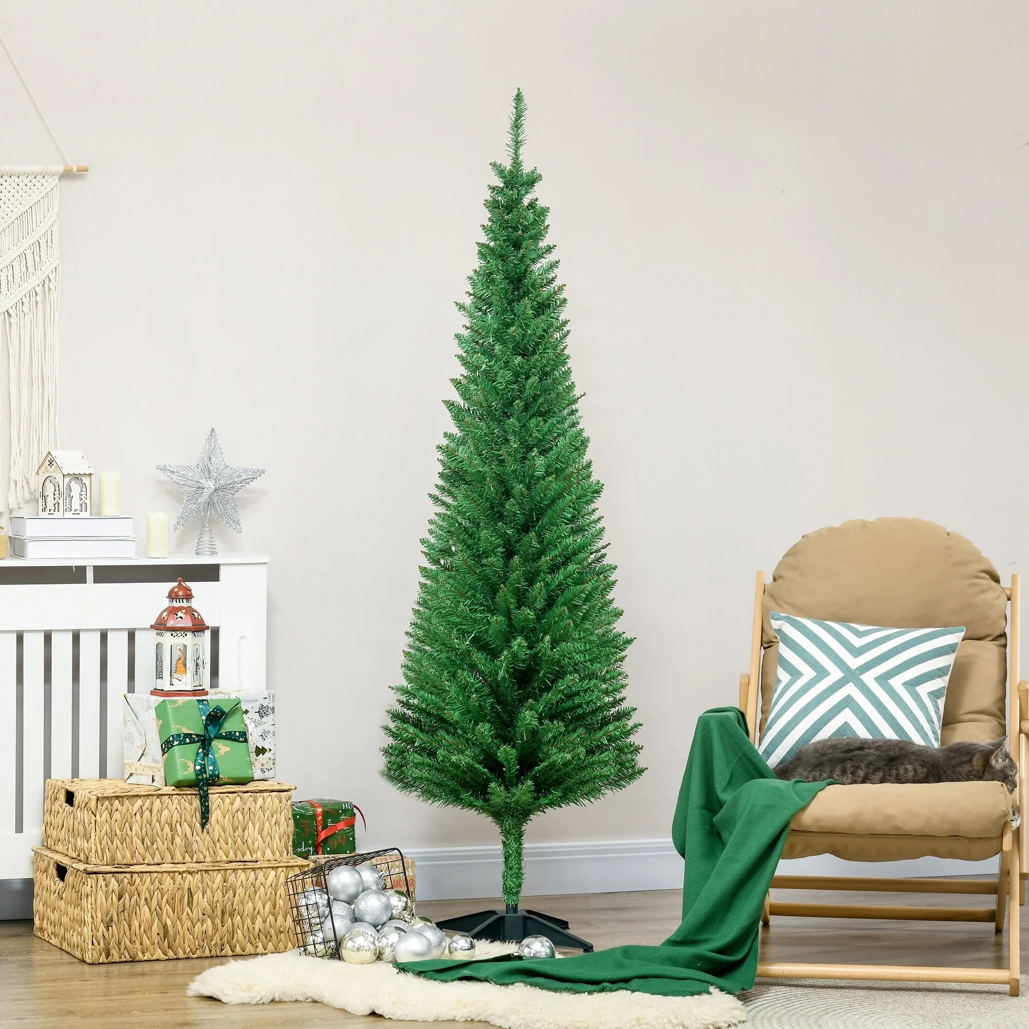 Unlit 5FT/6FT/7FT Slim Pencil Christmas Tree with Realistic Tips and Easy-Assembly Stand, Perfect for Small Spaces