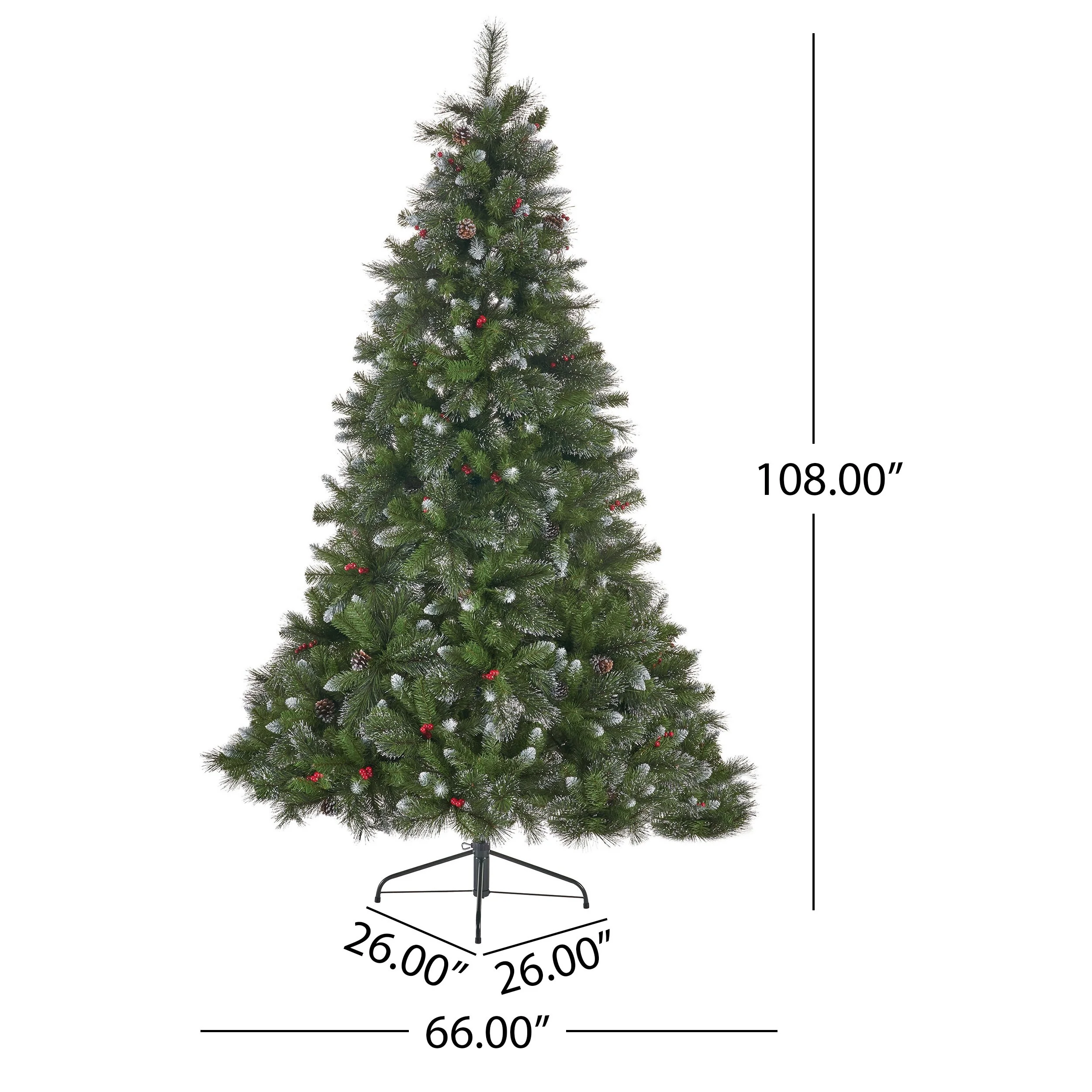 9-Foot Hinged Christmas Tree, Unlit, 2099 Tips with Red Berries and Pine Cones, Perfect for Large Indoor Spaces