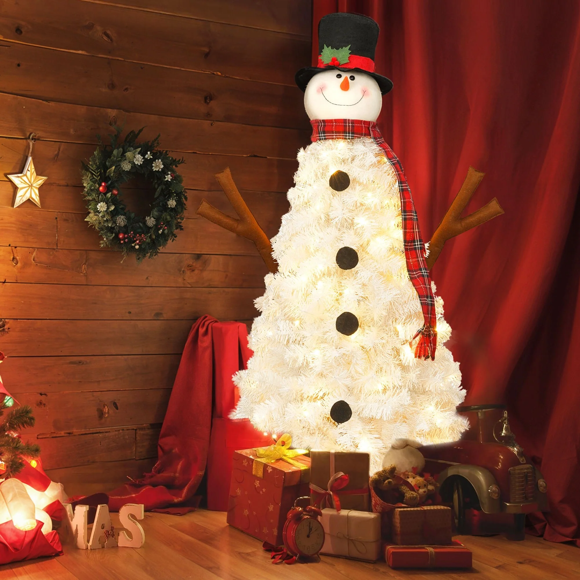Pre-lit Snowman Christmas Tree, 4ft Artificial Holiday Tree with 100 Warm White LED Lights and 380 Branch Tips for Home