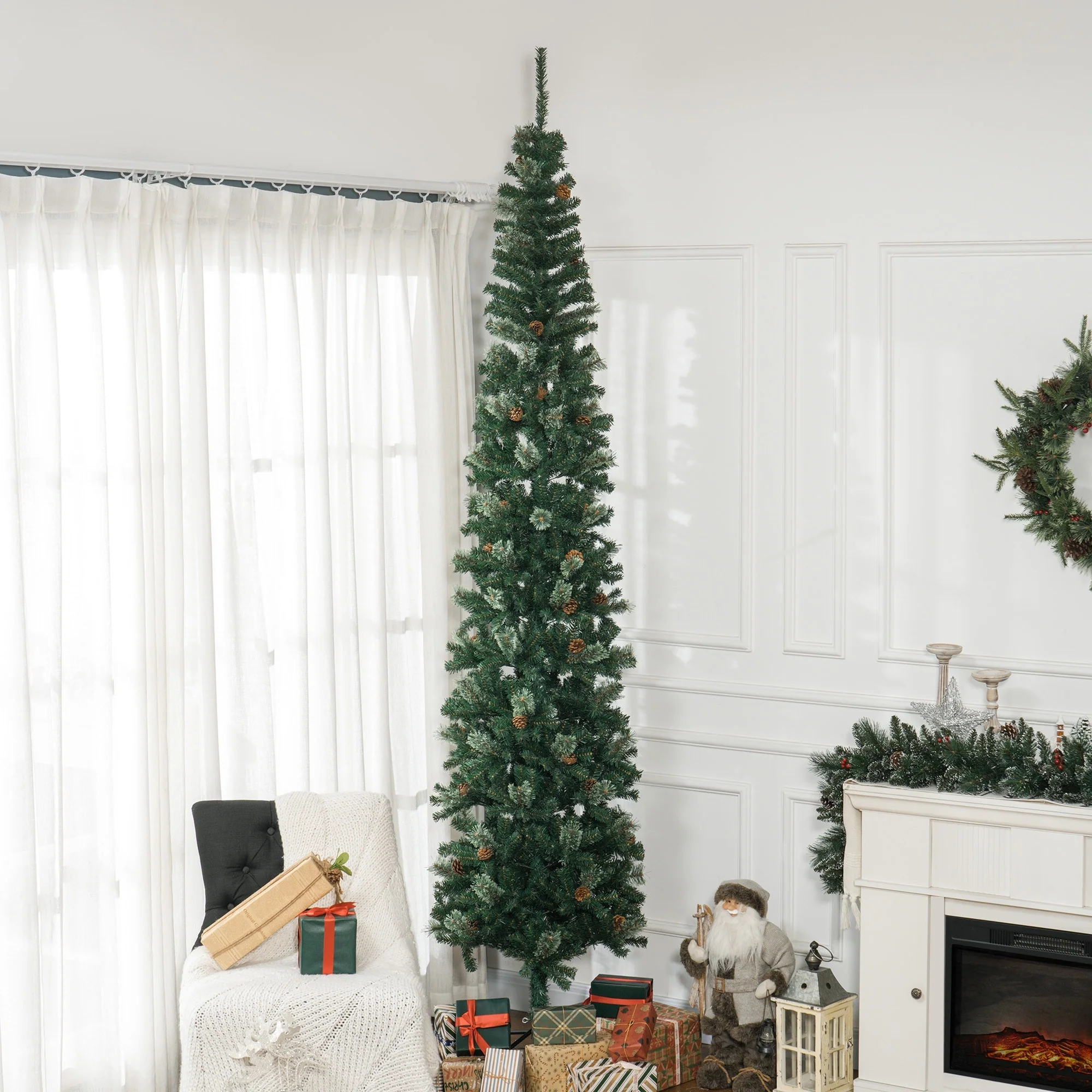 9.5ft Unlit Slim Christmas Tree with Realistic Pine Branches, Metal Base, and Pine Cones for Festive Ambience Decor