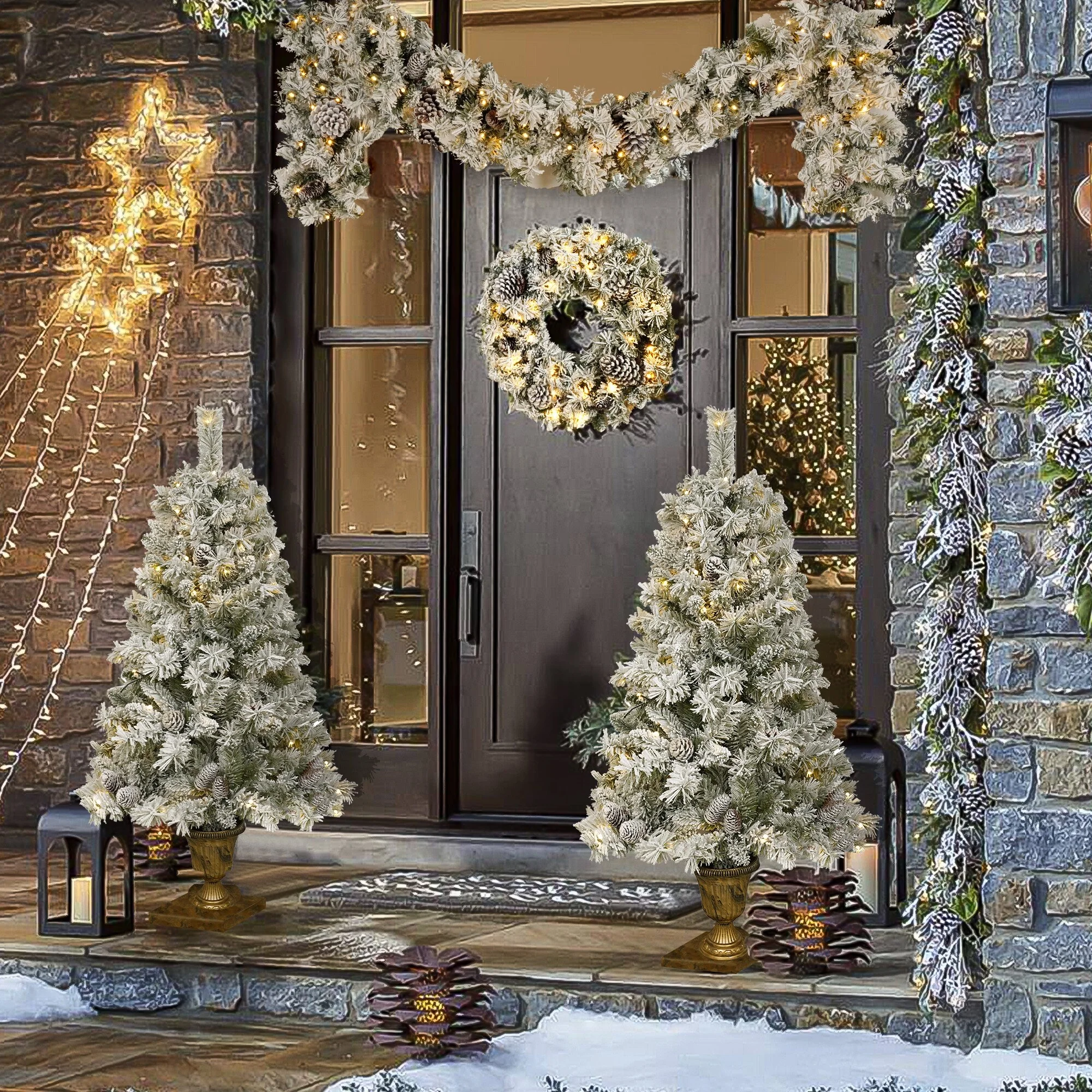 4-Piece Christmas Tree Set with Garland, Wreath & 2 Entrance Trees, Pre-Lit with 325 Warm White LEDs, Ideal for Festive Decor