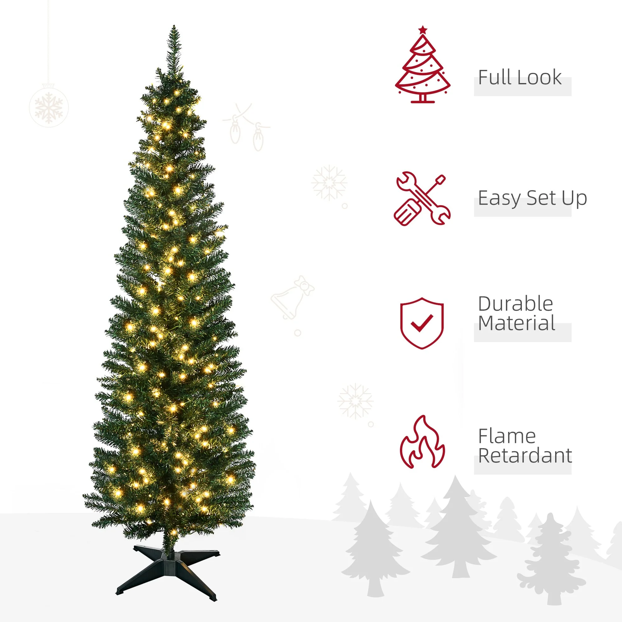 Slim Noble Fir Artificial Christmas Tree 5ft Tall with Warm White LEDs, 294 Tips, and Secure Metal Base
