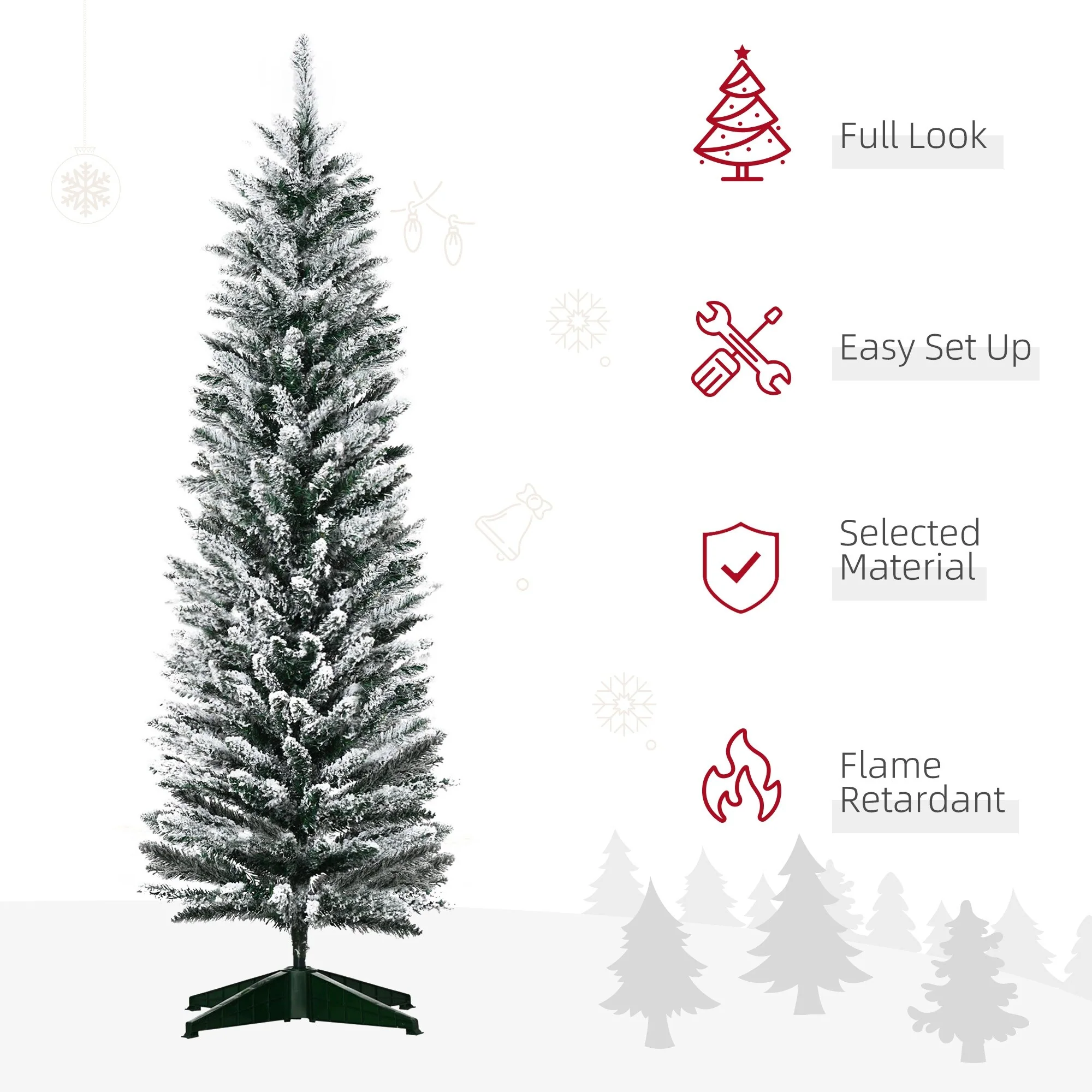 5' Snow Flocked Artificial Pencil Christmas Tree, Unlit with Realistic Branches and Stable Plastic Base