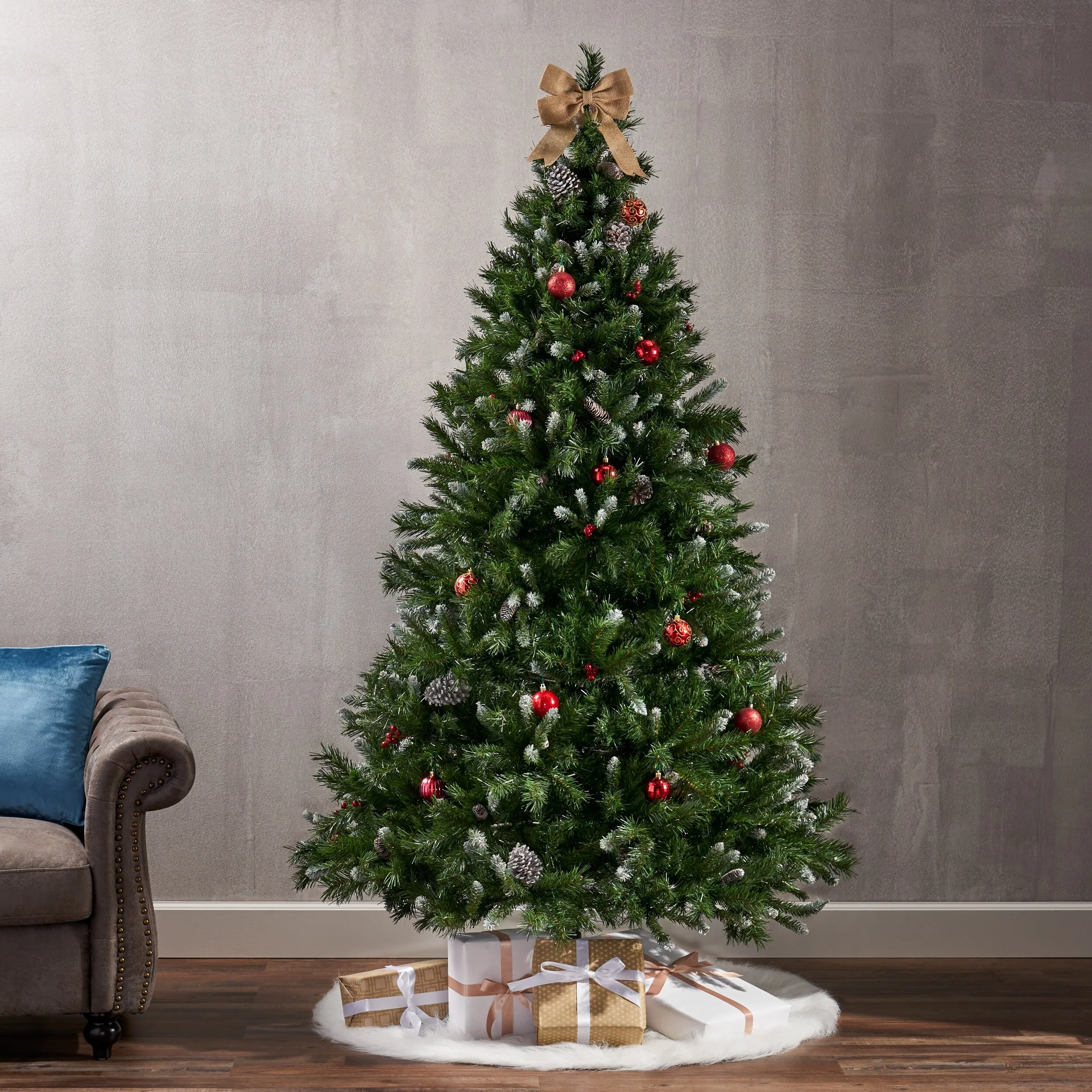 7' Mixed Frosted Hinged Tree with Pine Cones, Red Berries, 1219 Tips, Unlit, Durable Iron Stand, Easy Setup, 53