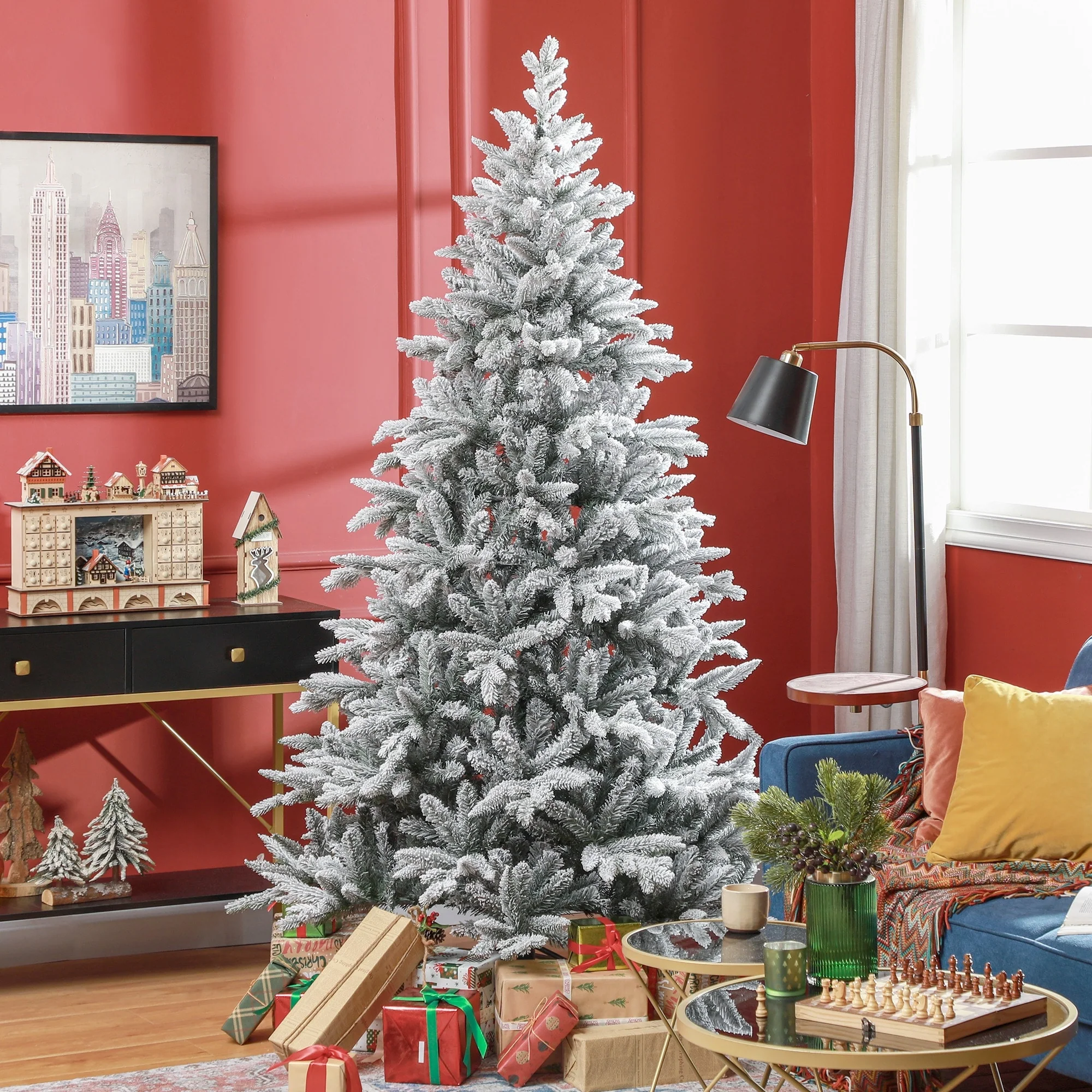 Snow Flocked 7ft/8ft Artificial Christmas Tree, Realistic Hinged Xmas Tree with 1401/2003 Tips & Metal Stand
