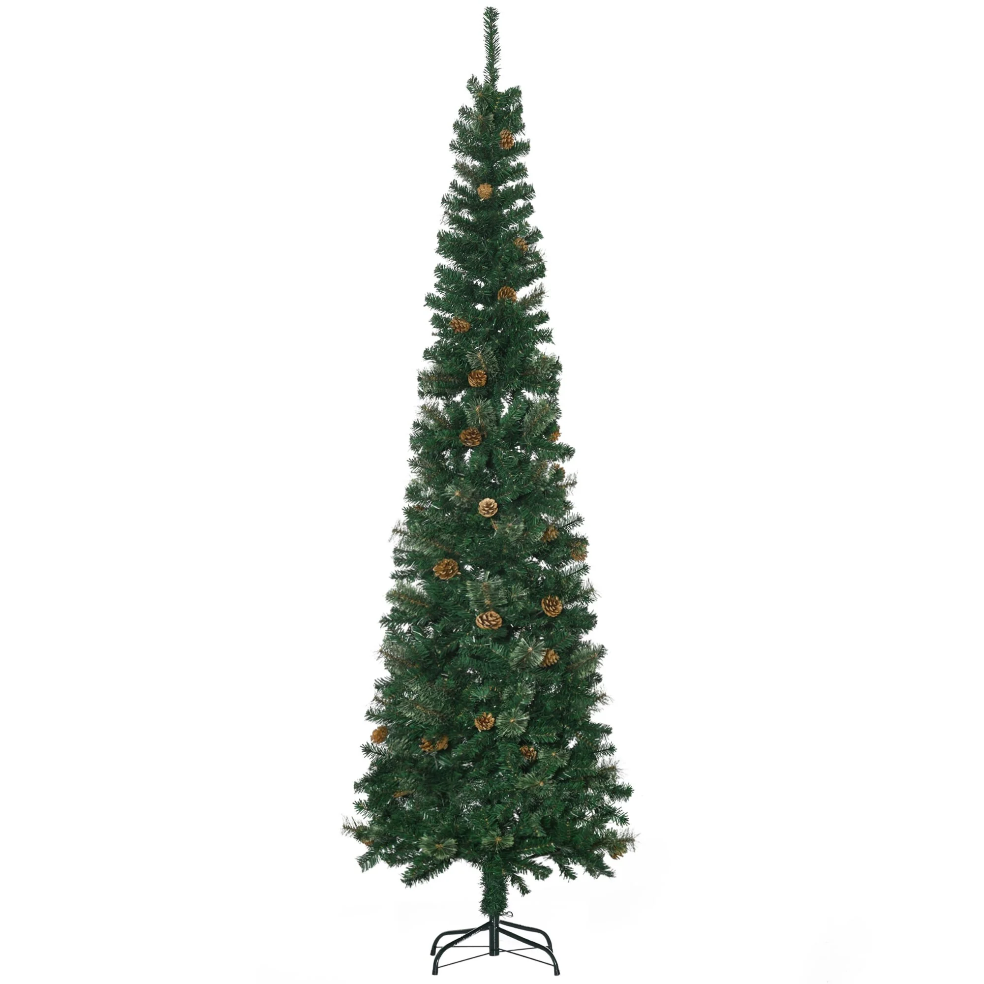 Slim 7.5' Unlit Pencil Christmas Tree with Realistic Pine Branches and Pine Cones, Easy Assembly for Small Spaces