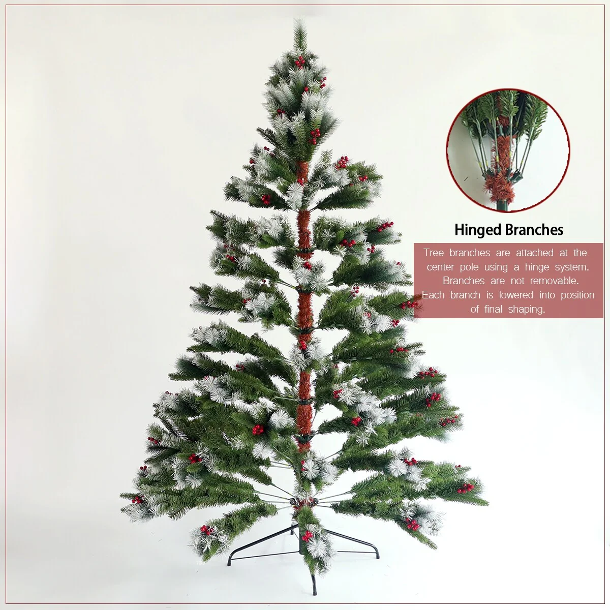 7.5FT Realistic Flocked Pine Artificial Christmas Tree with 1145 Tips, Pine Cones, Red Berries, and Foldable Metal Stand