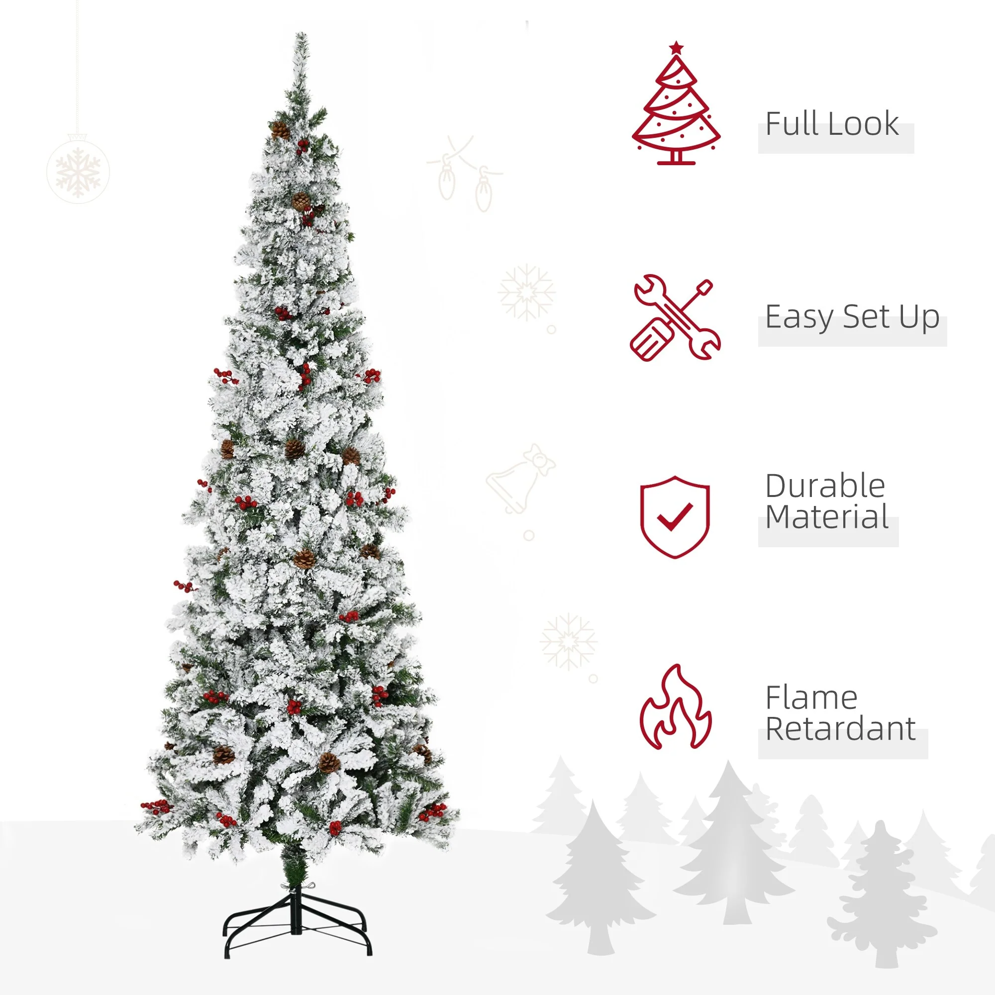 Unlit 6ft/7.5ft Snow-Flocked Pencil Christmas Tree, Pine with Realistic Branches, Pine Cones, and Red Berries