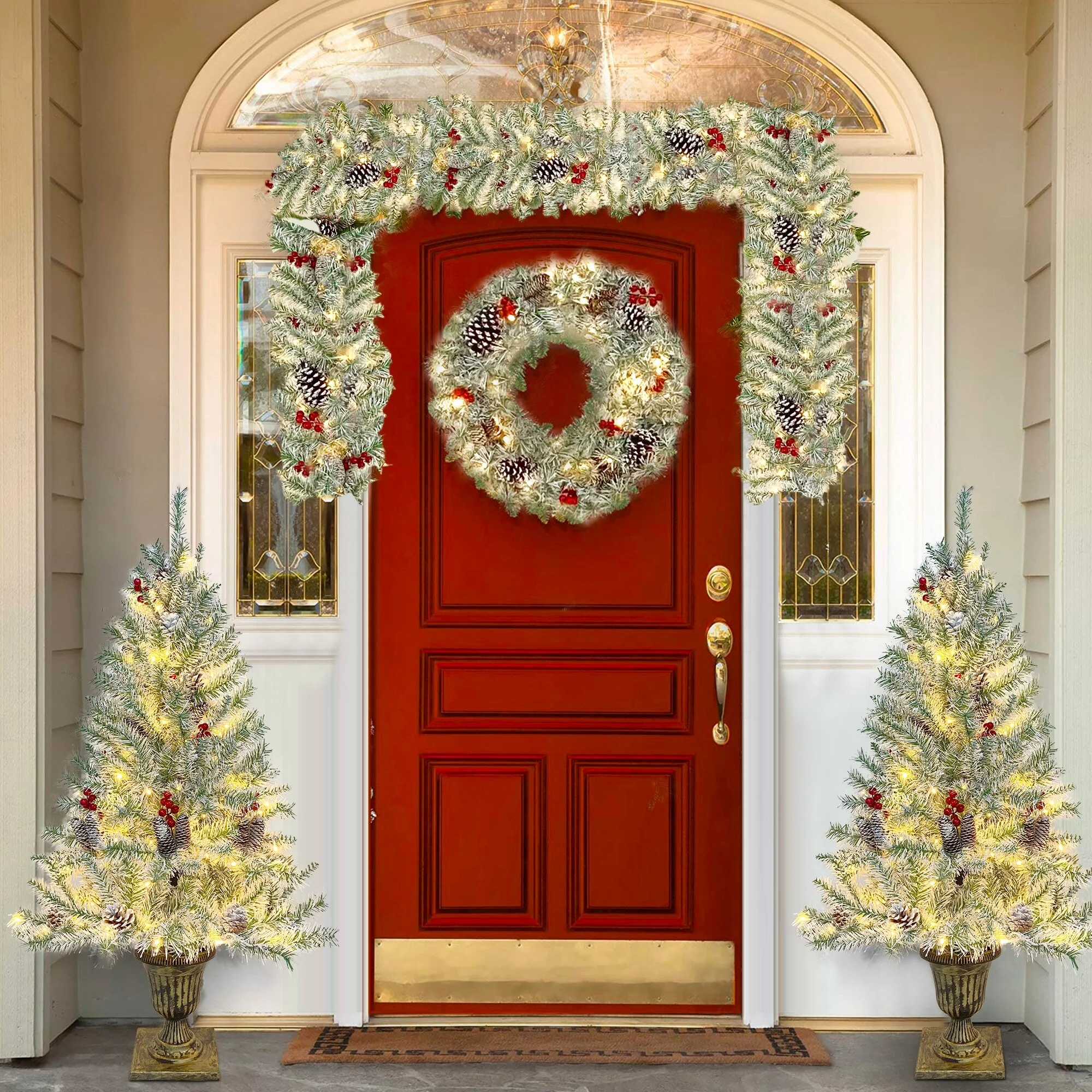 4-Piece Pre-Lit Christmas Tree Set with Wreath, Garland & Entrance Trees