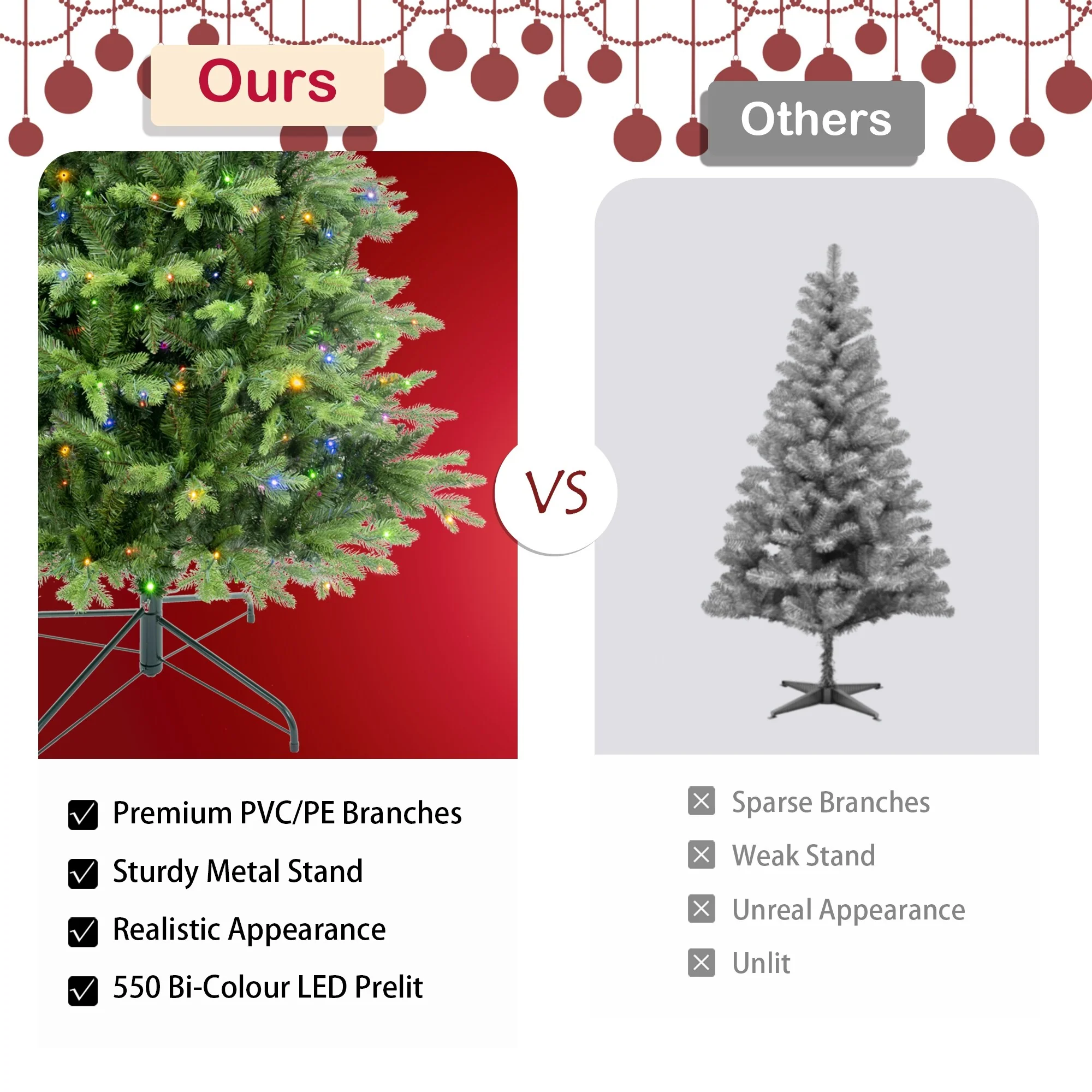 Artificial Everett Balsam Christmas Tree with Bi-Colour LED Lights, PE&PVC Branch Tips, 6.5ft & 7.5ft Sizes