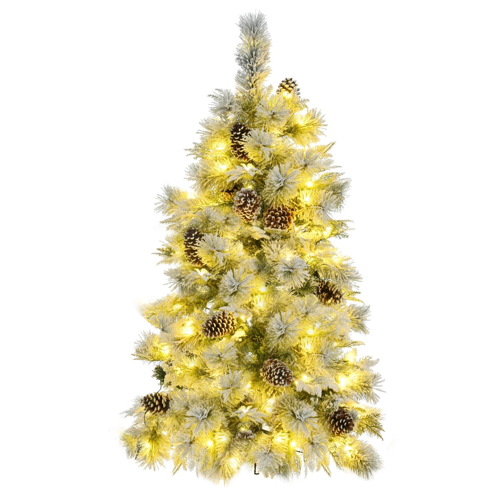 Artificial Snow Flocked Spruce Christmas Tree with 120/250/450 LED Lights, Pine Cones, and 11 Flashing Modes, 4FT/6FT/7.5FT