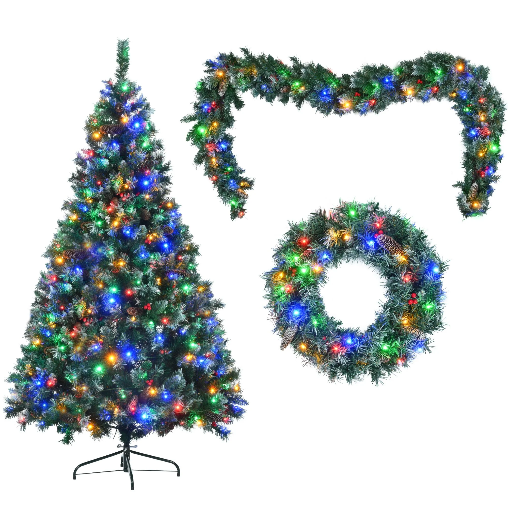 Pre-Lit 6FT Xmas Tree Set with Garland, Wreath and 11 Lighting Modes